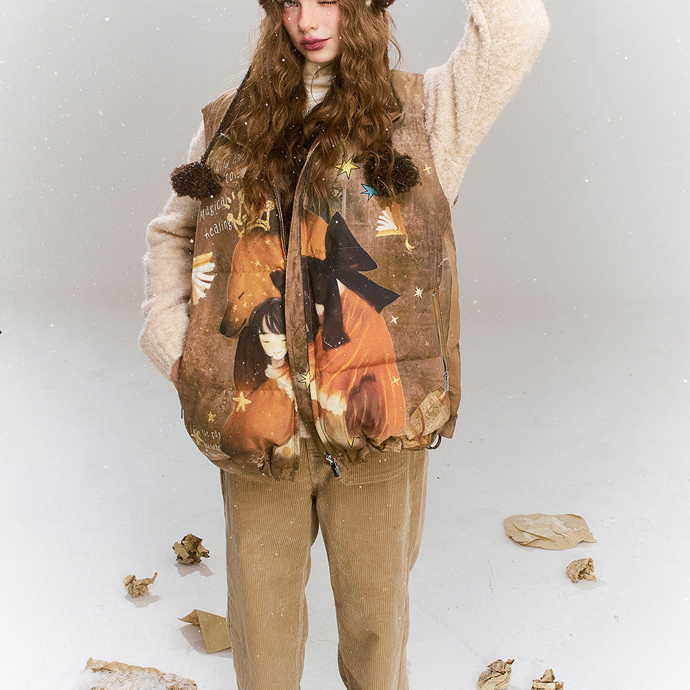 ELFSACK 2024 Winter New Arrivals Original printed retro loose coffee bear warm down vest