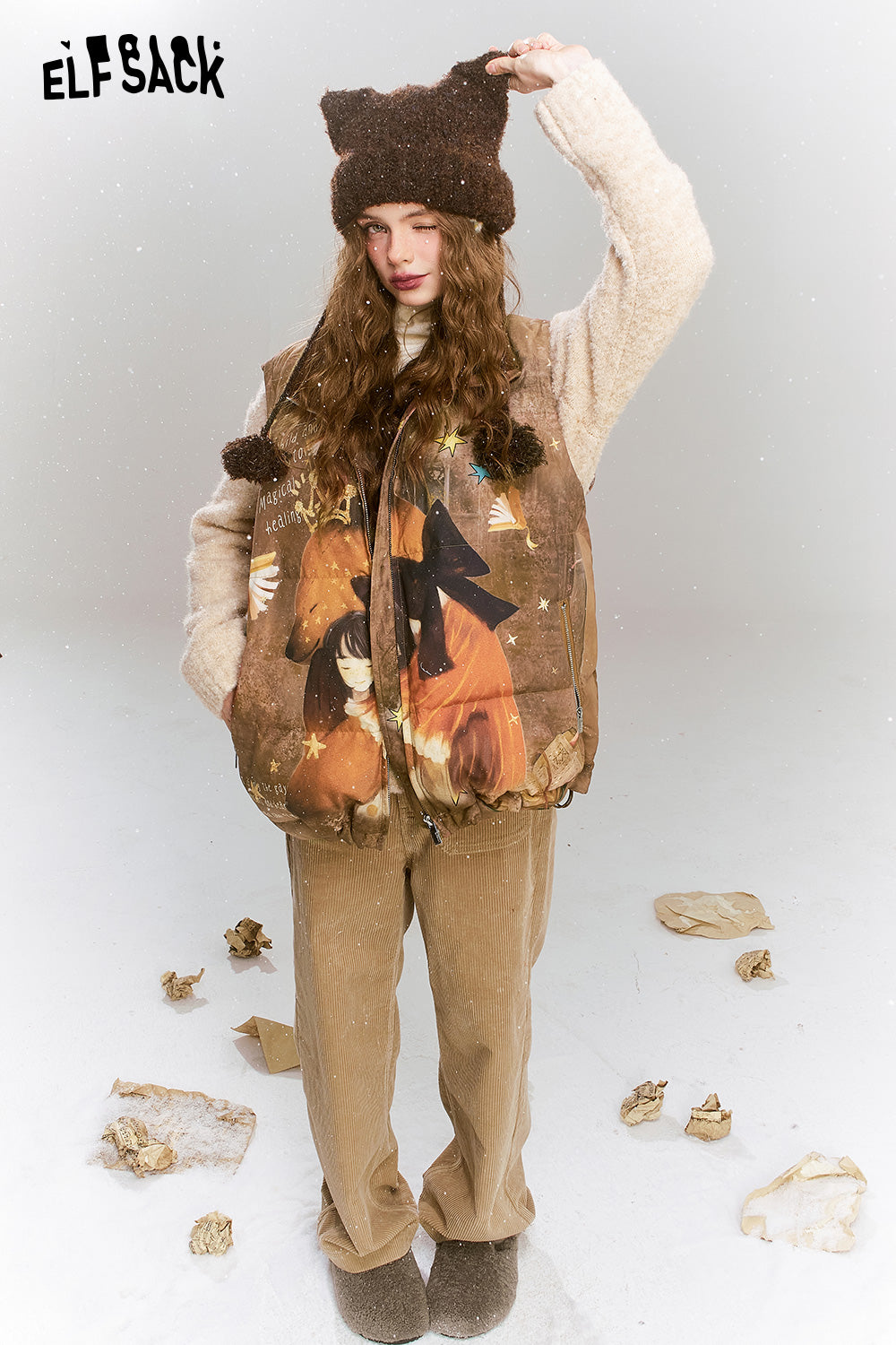 ELFSACK Original printed retro loose coffee bear warm down vest