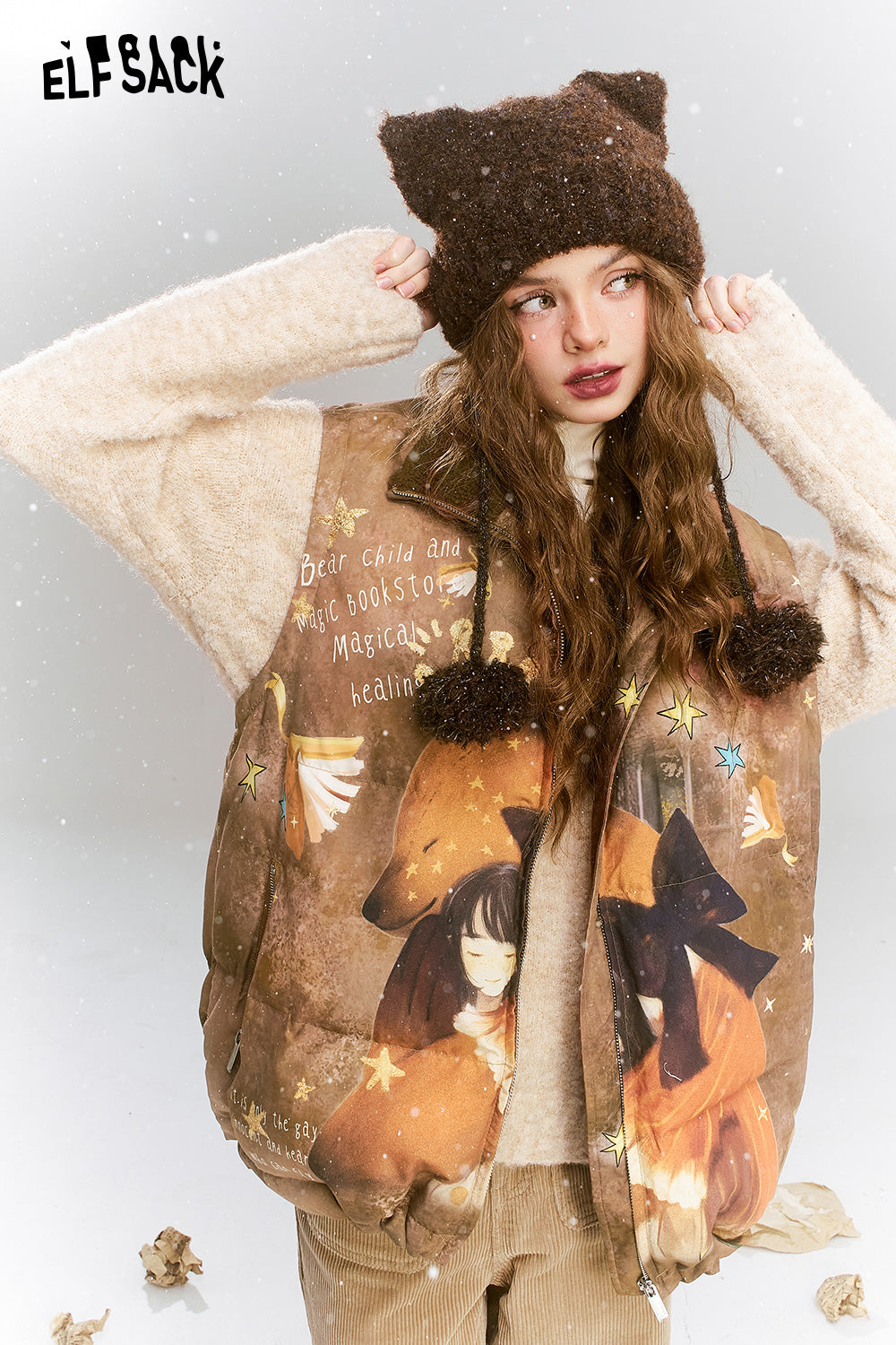 ELFSACK Original printed retro loose coffee bear warm down vest