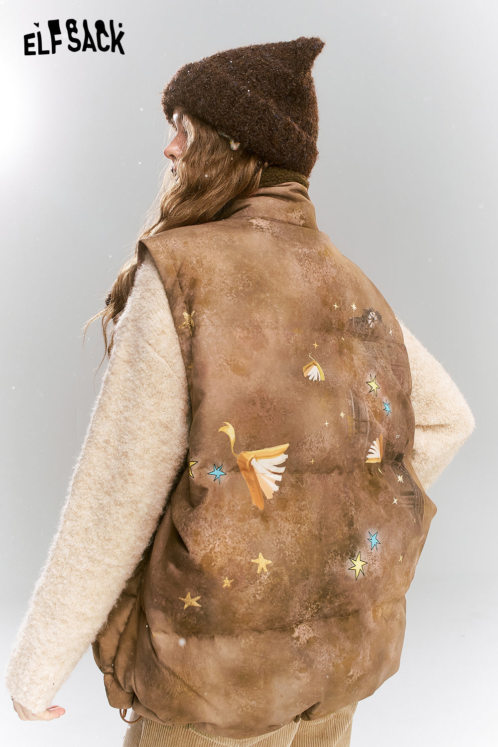 ELFSACK Original printed retro loose coffee bear warm down vest