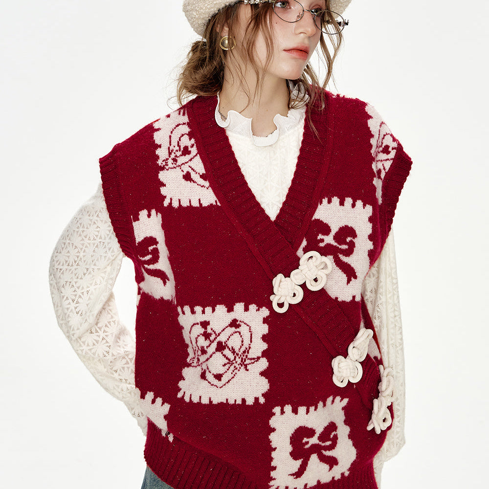 ELFSACK 2024 Winter New Arrivals Neo-Chinese style red cartoon jacquard frog knitted vest