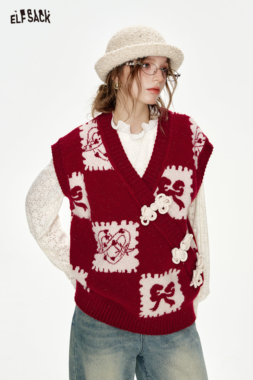 ELFSACK 2024 Winter New Arrivals Neo-Chinese style red cartoon jacquard frog knitted vest