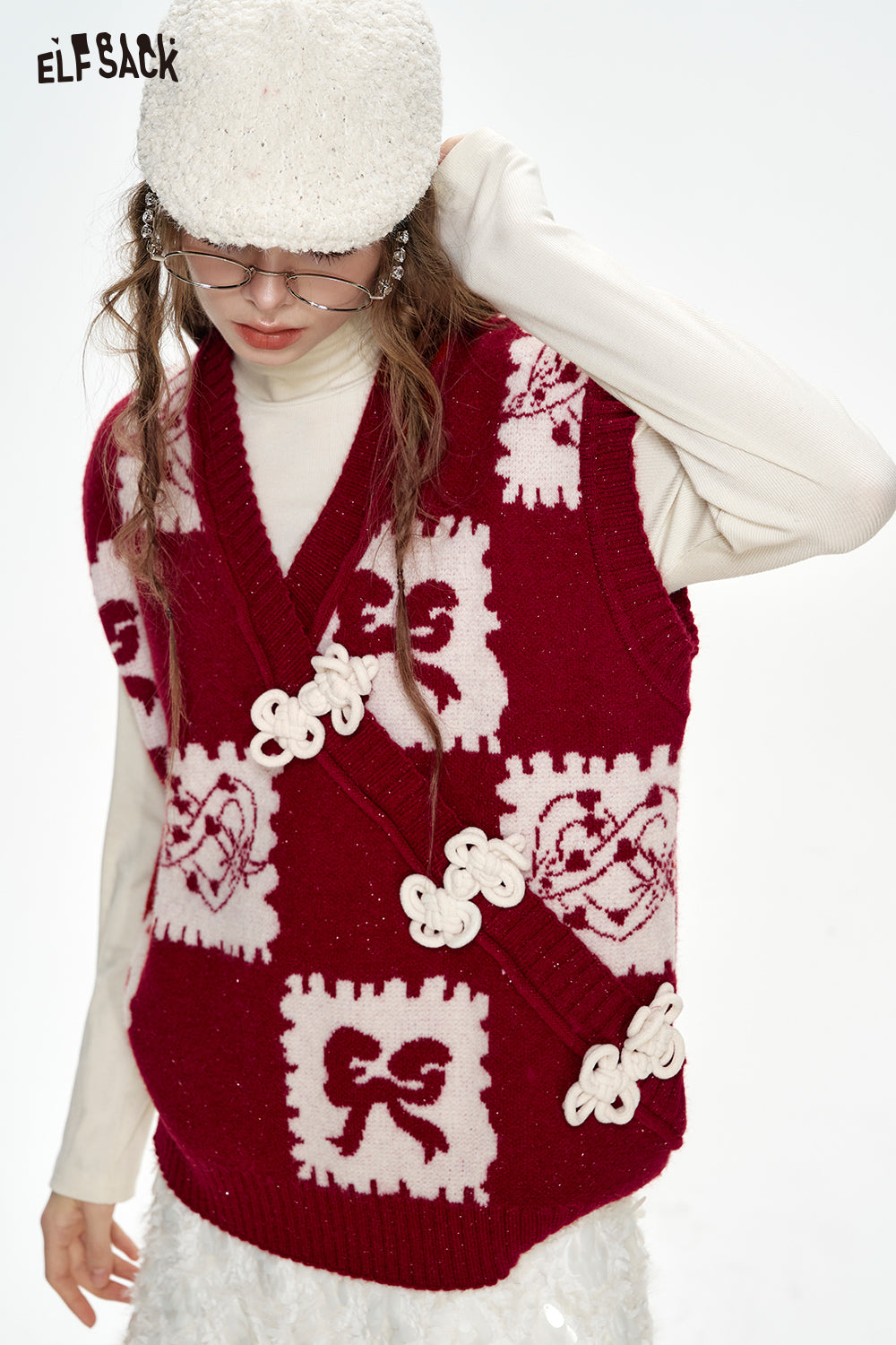 ELFSACK Neo-Chinese style red cartoon jacquard frog knitted vest