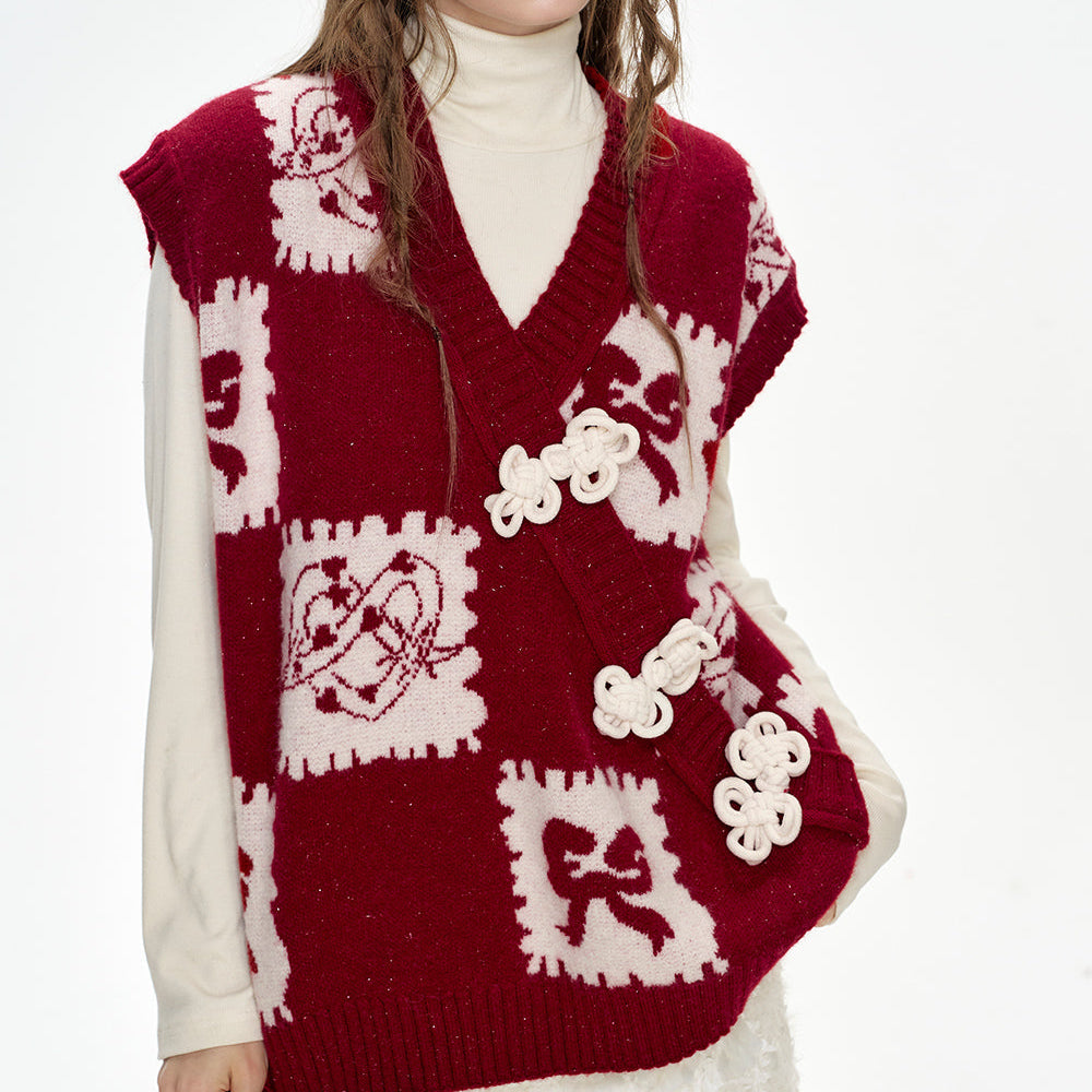 
                  
                    ELFSACK 2024 Winter New Arrivals Neo-Chinese style red cartoon jacquard frog knitted vest
                  
                