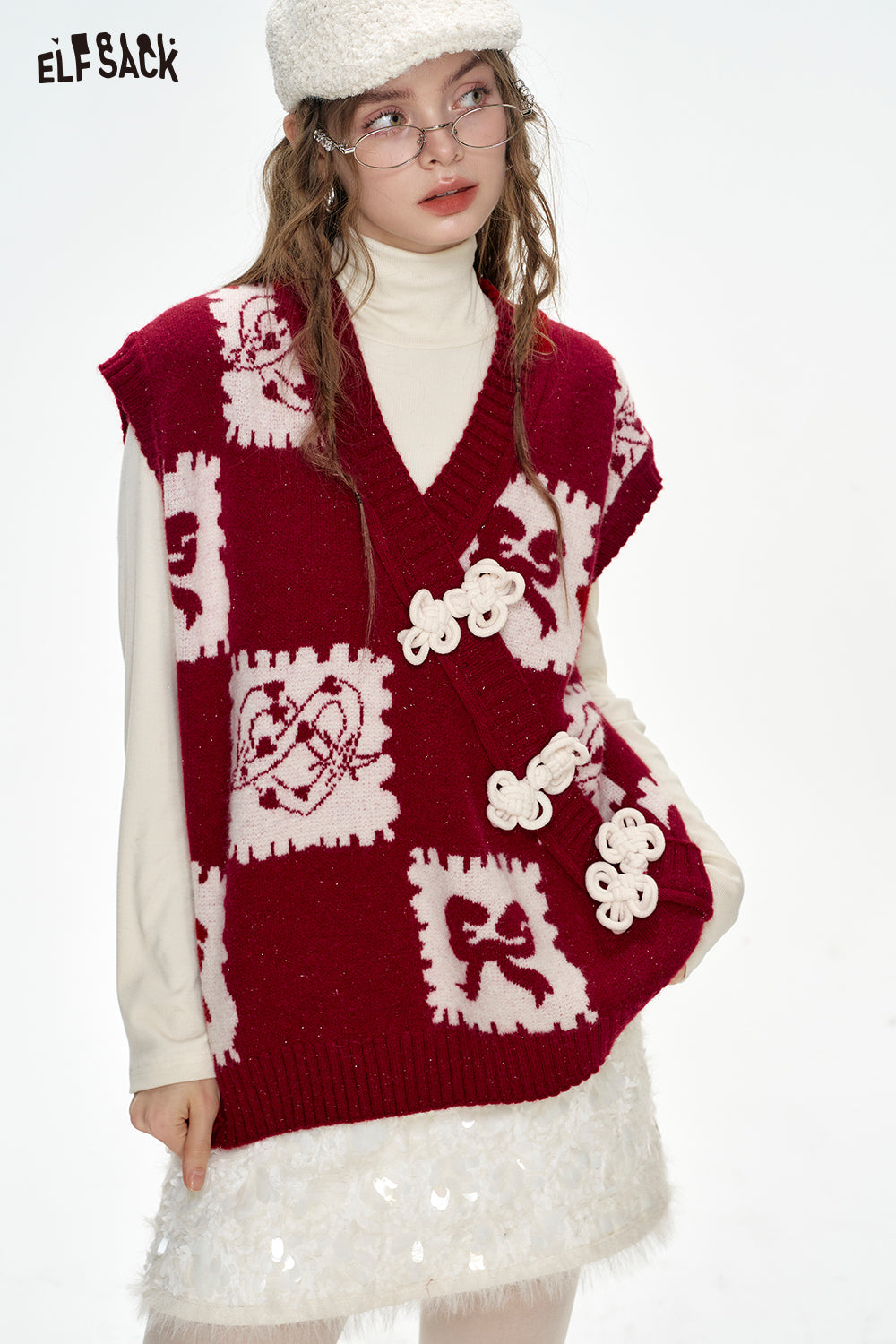 ELFSACK Neo-Chinese style red cartoon jacquard frog knitted vest