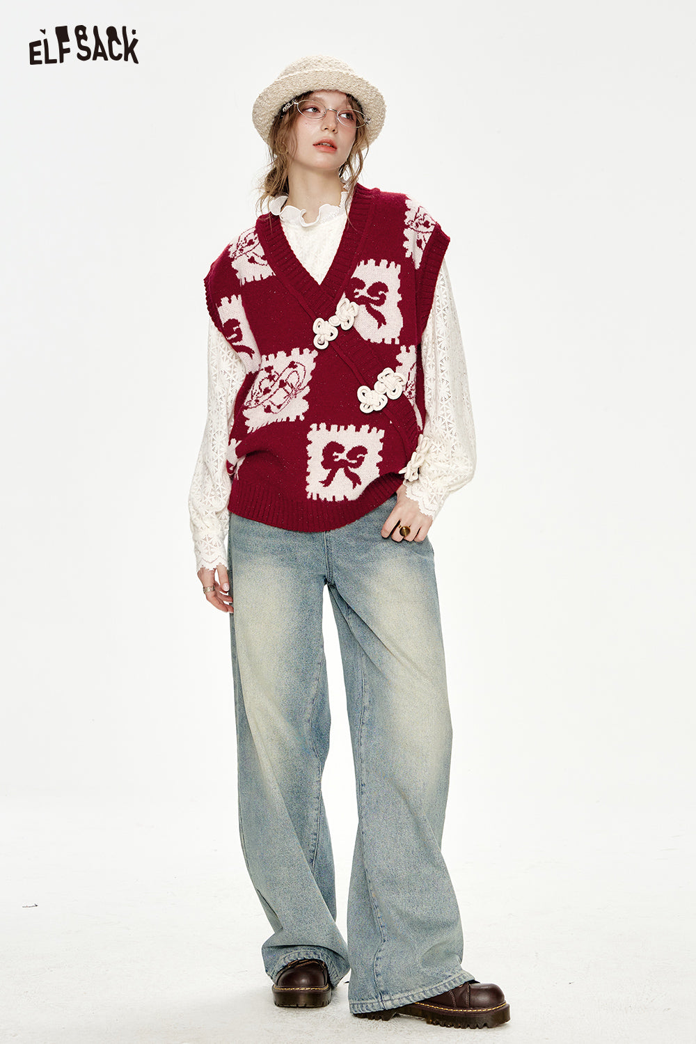 ELFSACK Neo-Chinese style red cartoon jacquard frog knitted vest