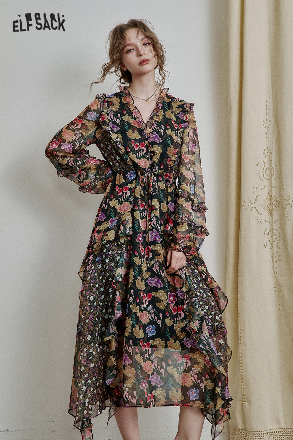 ELFSACK Vacation Ruffle Floral Chiffon Dress Elegant V-neck Long Sleeved Long Dress