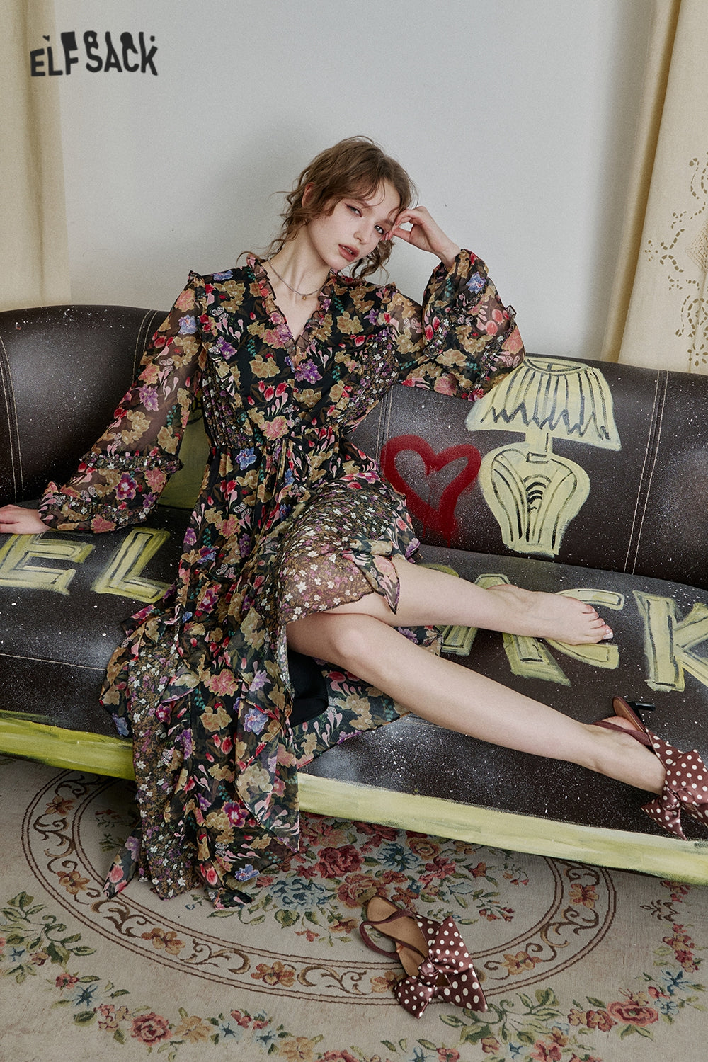 ELFSACK Vacation Ruffle Floral Chiffon Dress Elegant V-neck Long Sleeved Long Dress