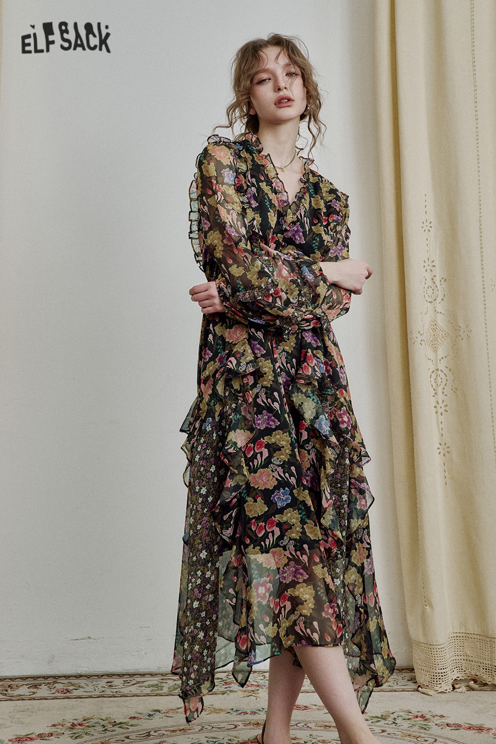 ELFSACK Vacation Ruffle Floral Chiffon Dress Elegant V-neck Long Sleeved Long Dress