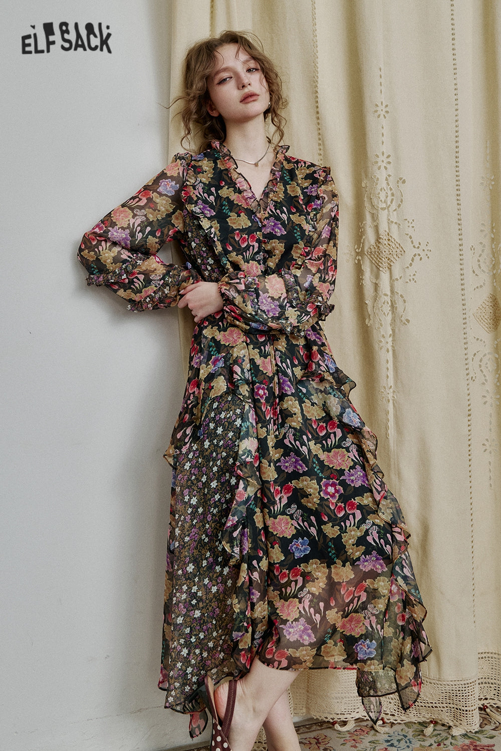 ELFSACK Vacation Ruffle Floral Chiffon Dress Elegant V-neck Long Sleeved Long Dress