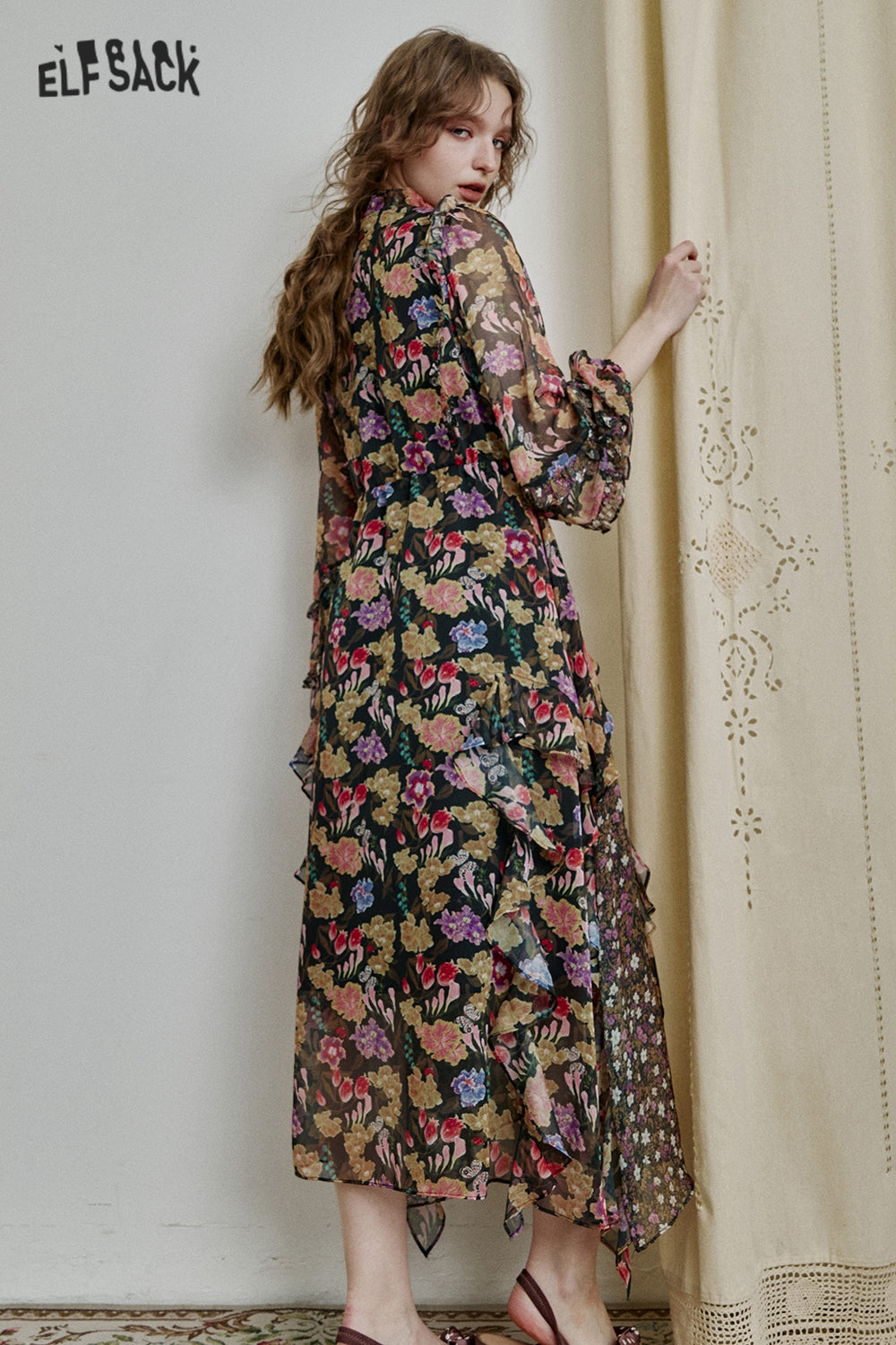 ELFSACK Vacation Ruffle Floral Chiffon Dress Elegant V-neck Long Sleeved Long Dress