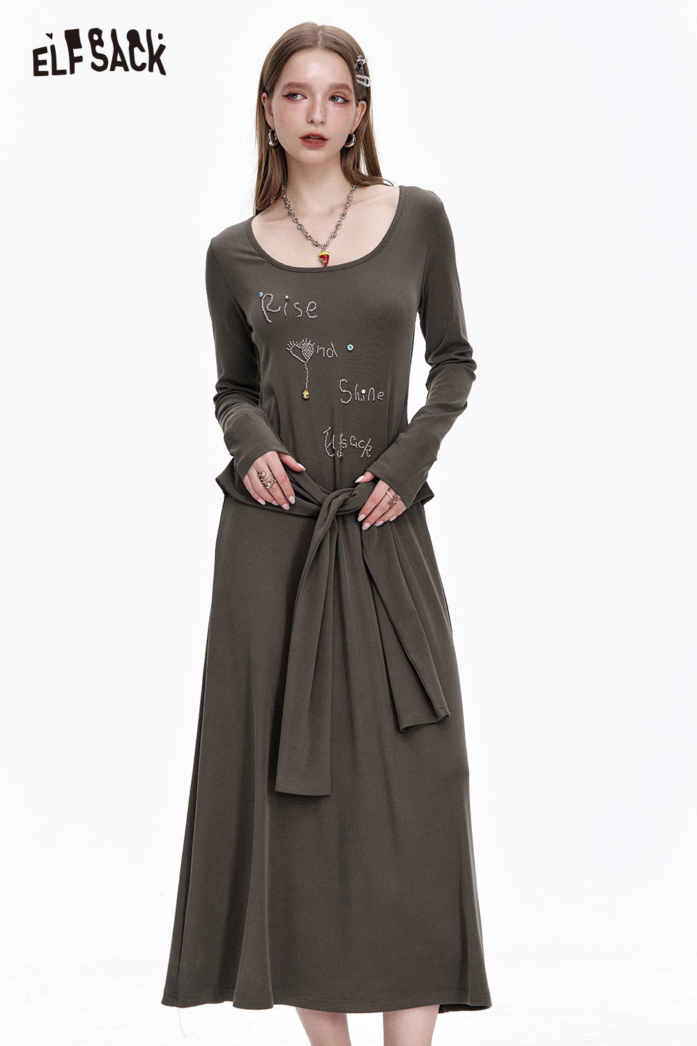 ELFSACK Retro beaded diamond long sleeve dress women's sweet cool casual long dress