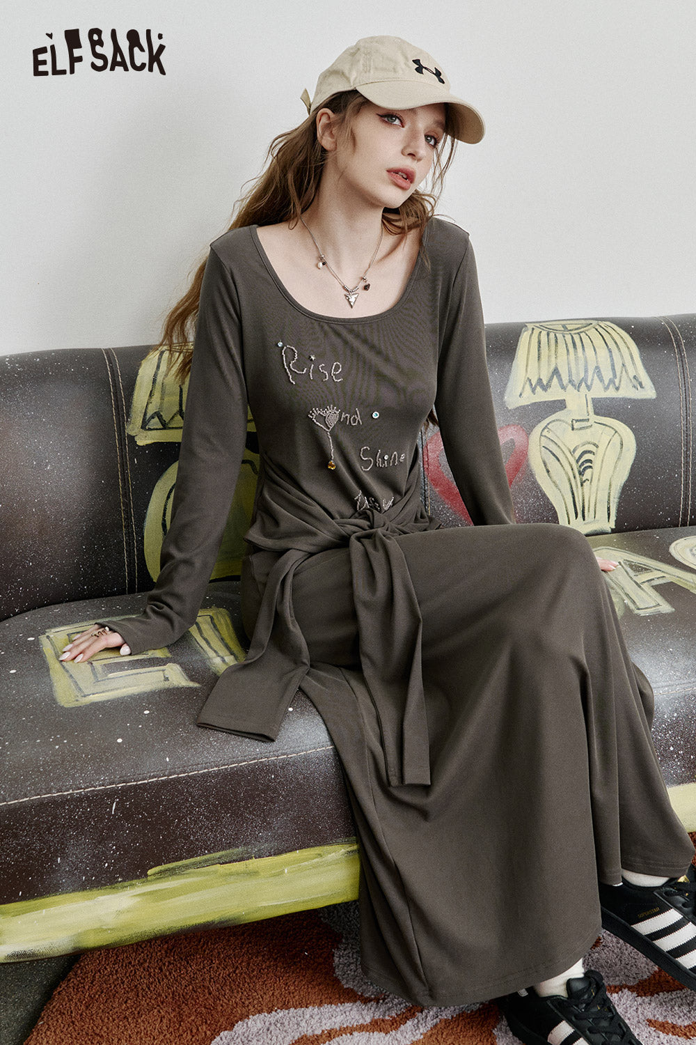 ELFSACK Retro beaded diamond long sleeve dress women's sweet cool casual long dress
