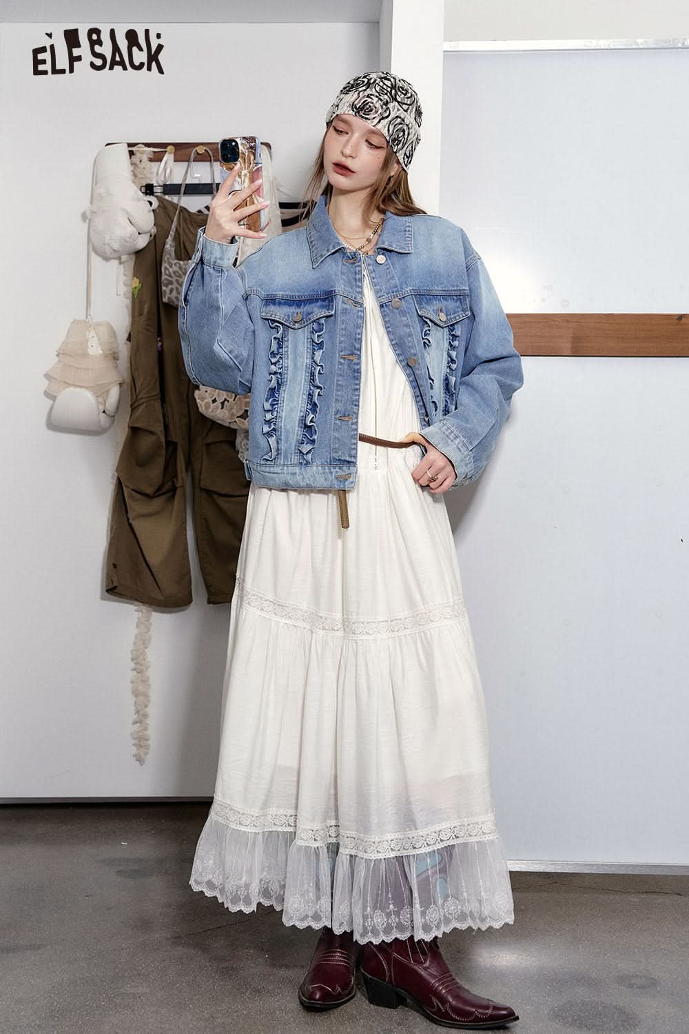 ELFSACK (Belt included) Pleated Puff Sleeve White Dress Women Elegant Vacation Lace Stitching Long Dress