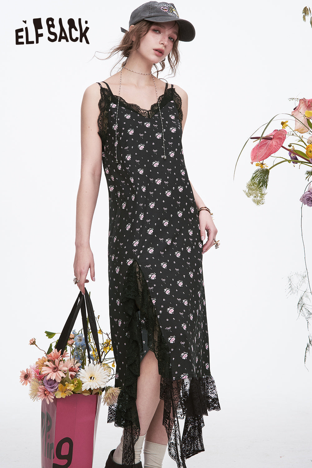 ELFSACK Y2K Black Floral Lace Sling Dress Women's Elegant Slit Sleeveless A-Line Dress