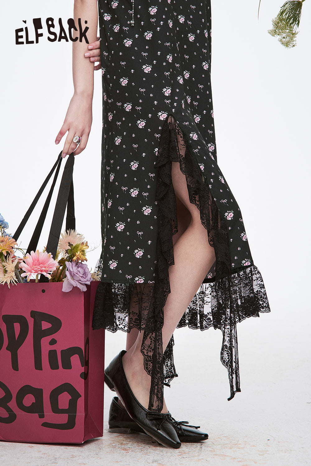 ELFSACK Y2K Black Floral Lace Sling Dress Women's Elegant Slit Sleeveless A-Line Dress