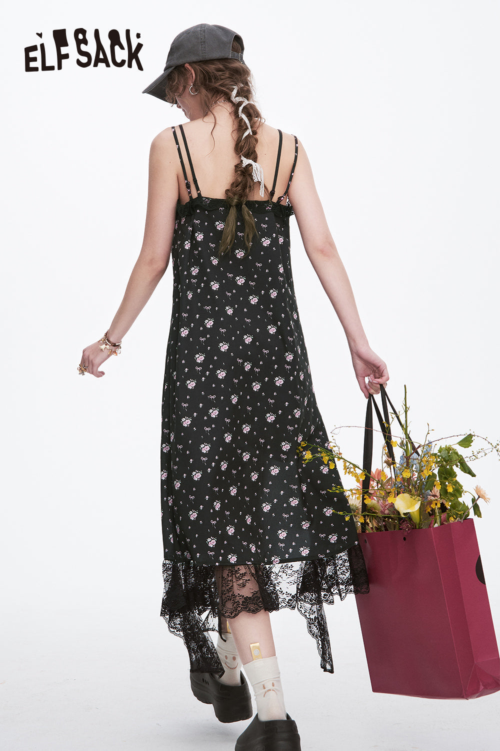 ELFSACK Y2K Black Floral Lace Sling Dress Women's Elegant Slit Sleeveless A-Line Dress