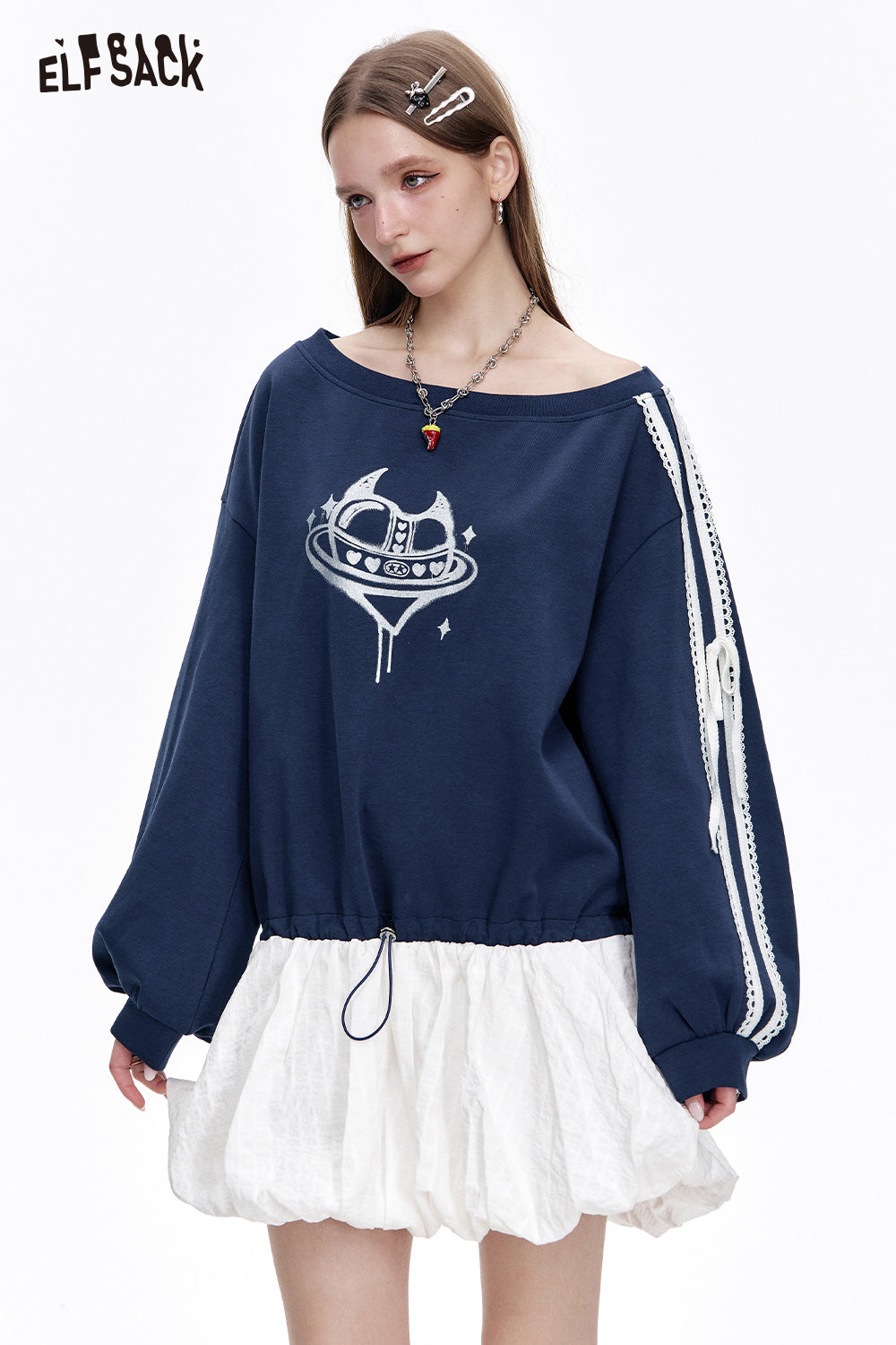ELFSACK Heart Printed Spliced Sweater Dress Women Casual Long Sleeve Fluffy Dress