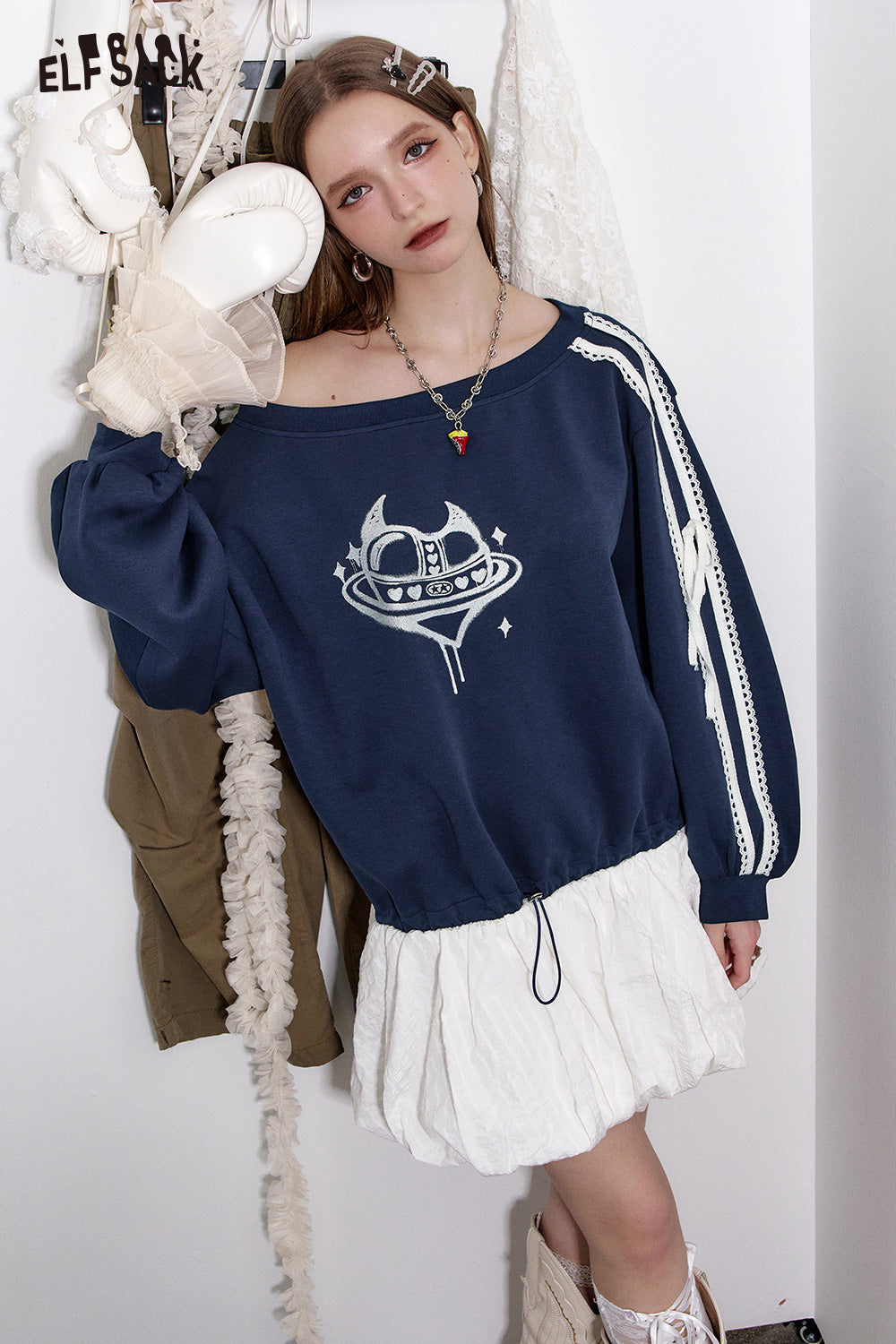ELFSACK Heart Printed Spliced Sweater Dress Women Casual Long Sleeve Fluffy Dress