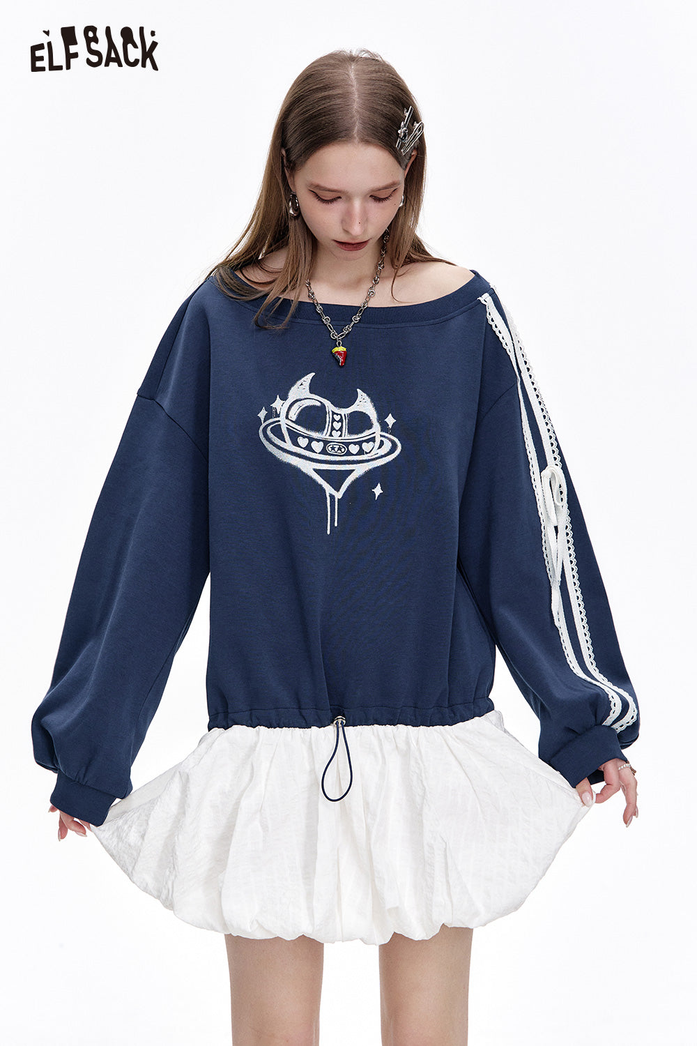 ELFSACK Heart Printed Spliced Sweater Dress Women Casual Long Sleeve Fluffy Dress