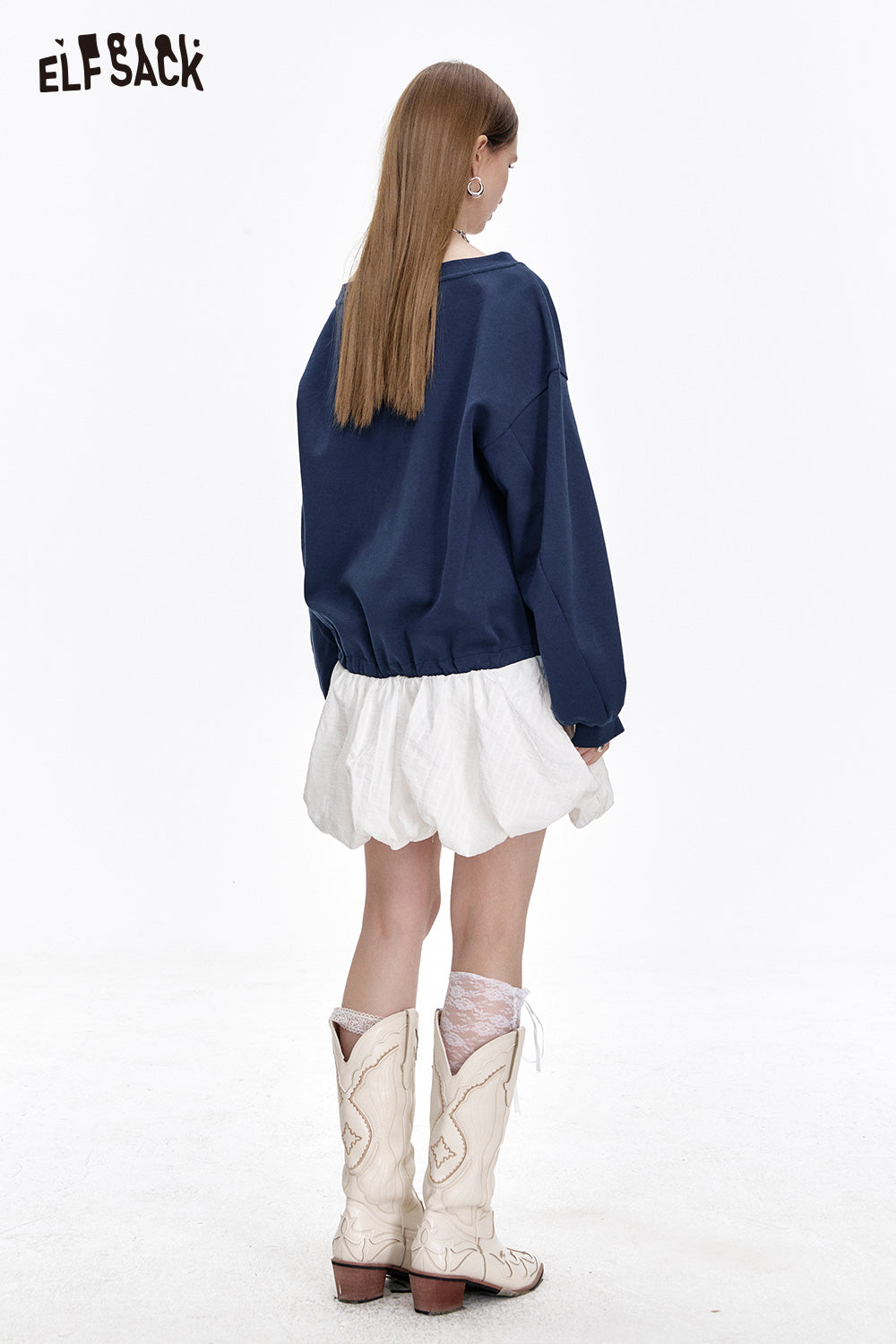 ELFSACK Heart Printed Spliced Sweater Dress Women Casual Long Sleeve Fluffy Dress