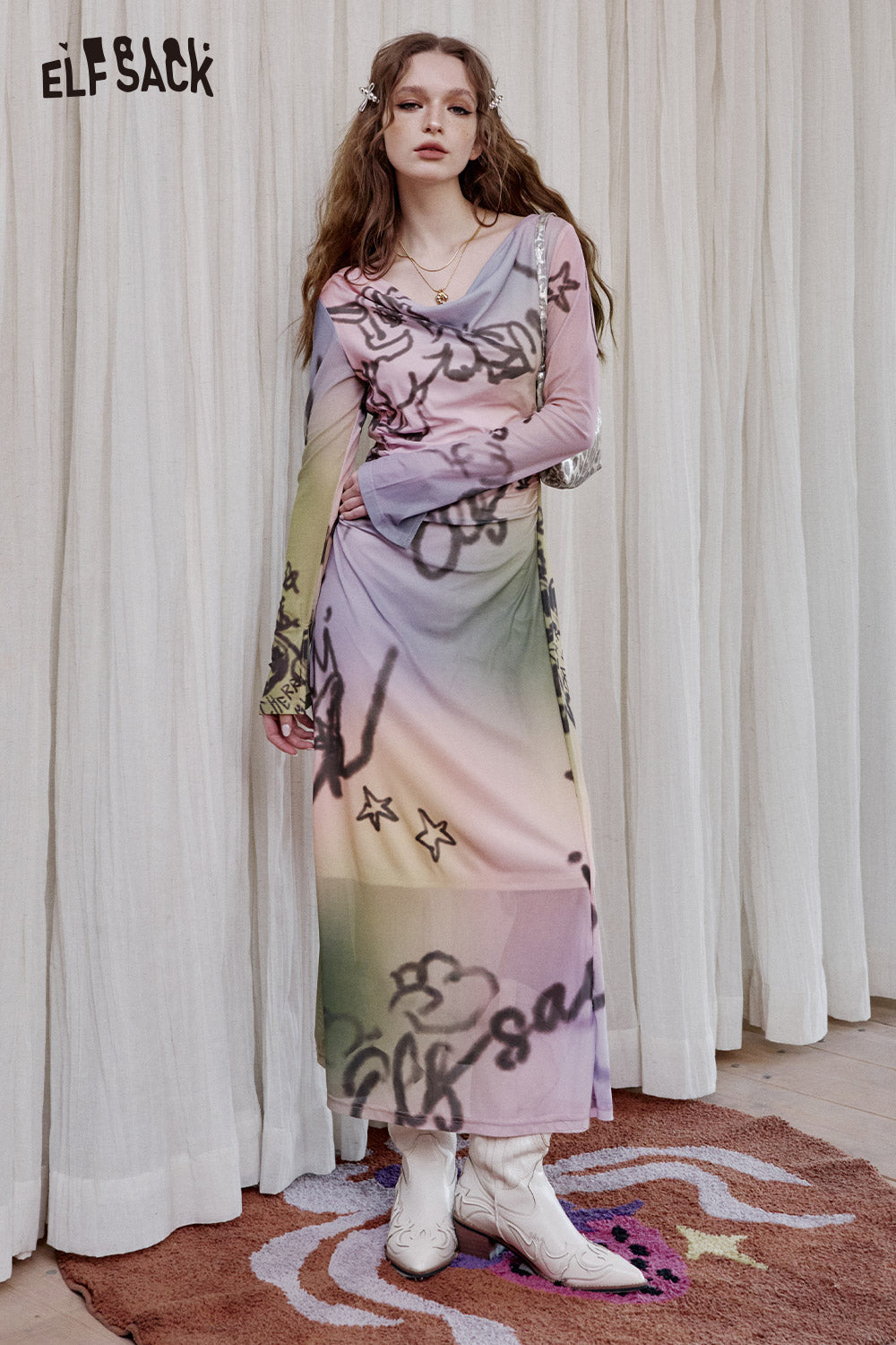 ELFSACK Printed A-line Pleated Long Dress Women Retro Vacation Long Dress
