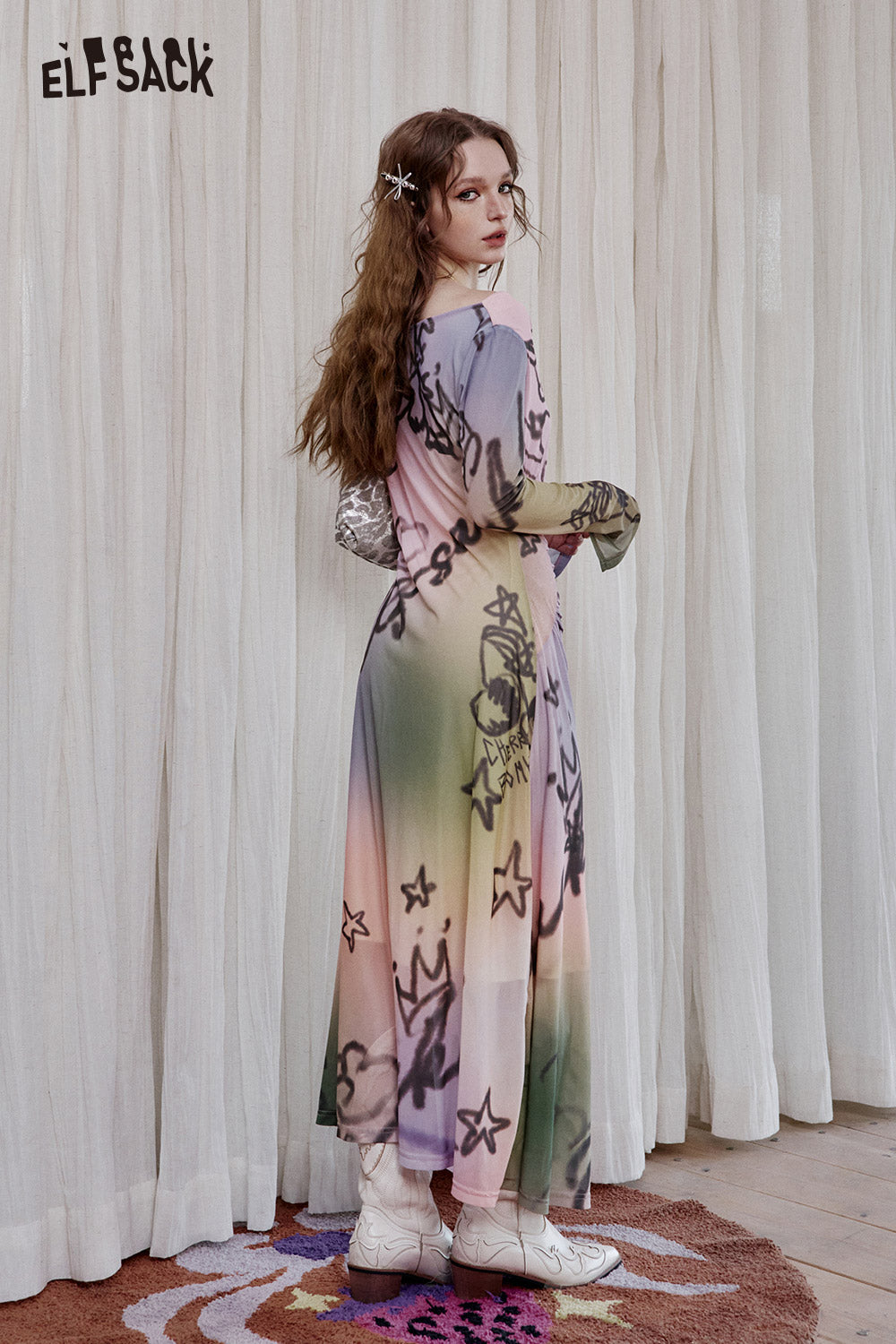 ELFSACK Printed A-line Pleated Long Dress Women Retro Vacation Long Dress