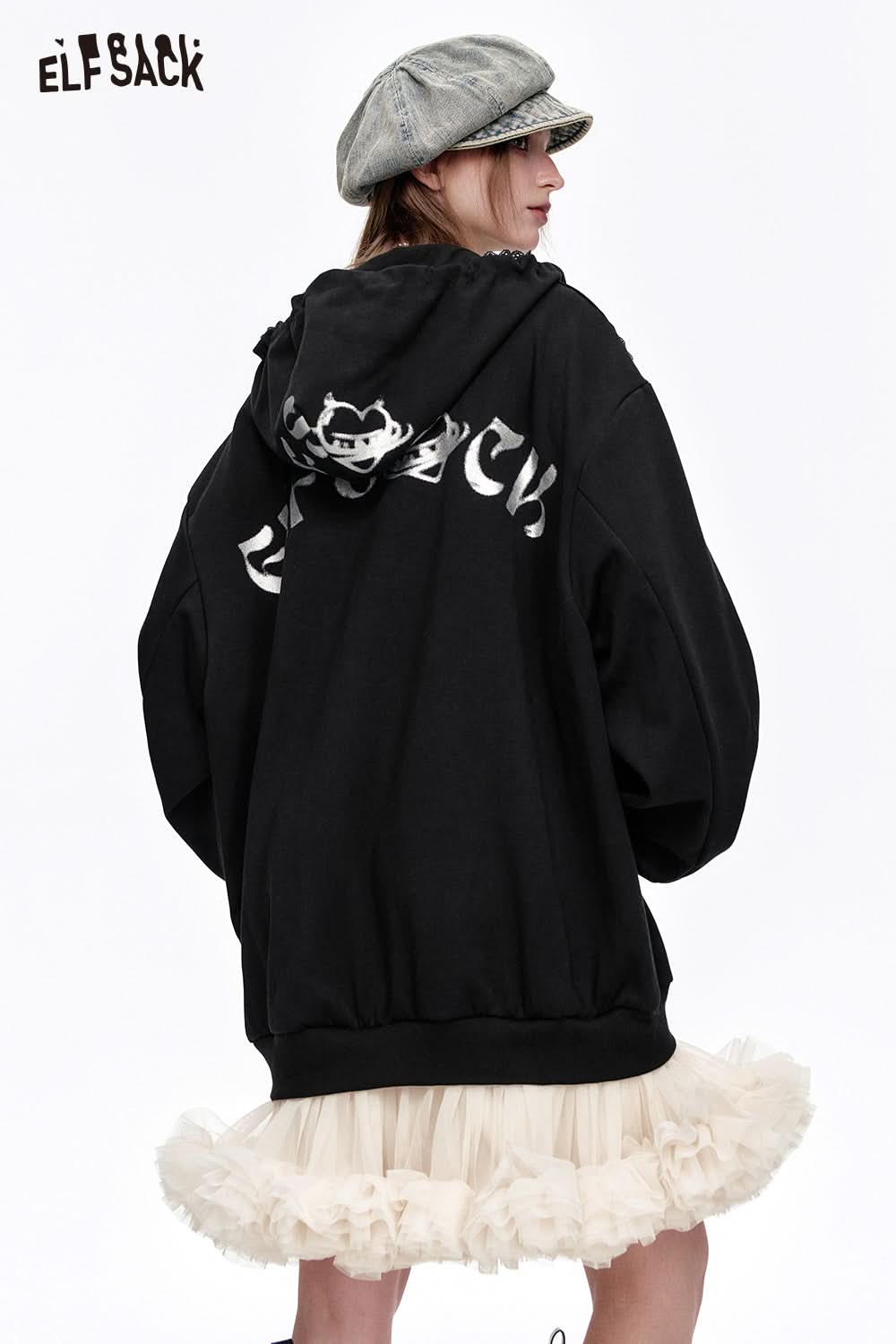 ELFSACK Y2K Mesh Splicing Printed Black Long Sleeve Hoodie Dress Women