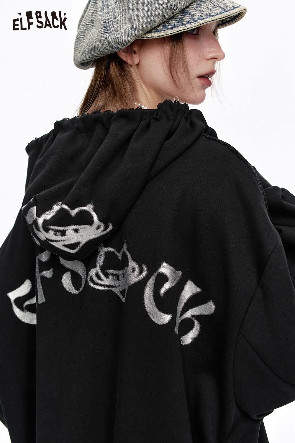 ELFSACK Y2K Mesh Splicing Printed Black Long Sleeve Hoodie Dress Women