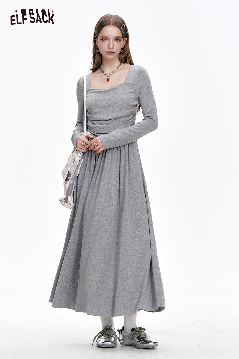 ELFSACK Elegant Grey Pleated Square Neck Long Sleeve Slim Fit Dress Women