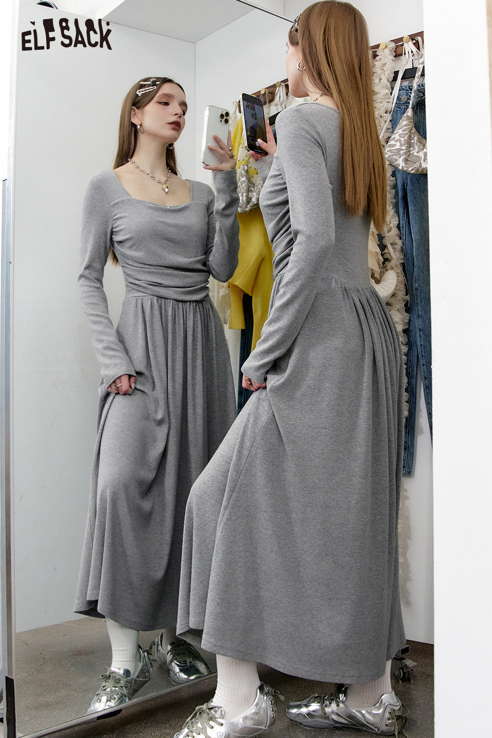 ELFSACK Elegant Grey Pleated Square Neck Long Sleeve Slim Fit Dress Women