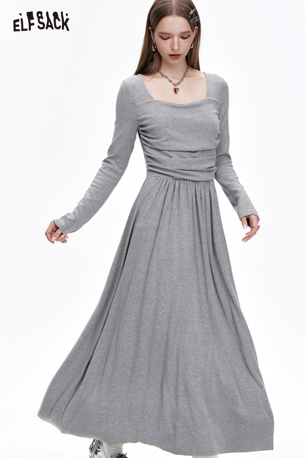 ELFSACK Elegant Grey Pleated Square Neck Long Sleeve Slim Fit Dress Women