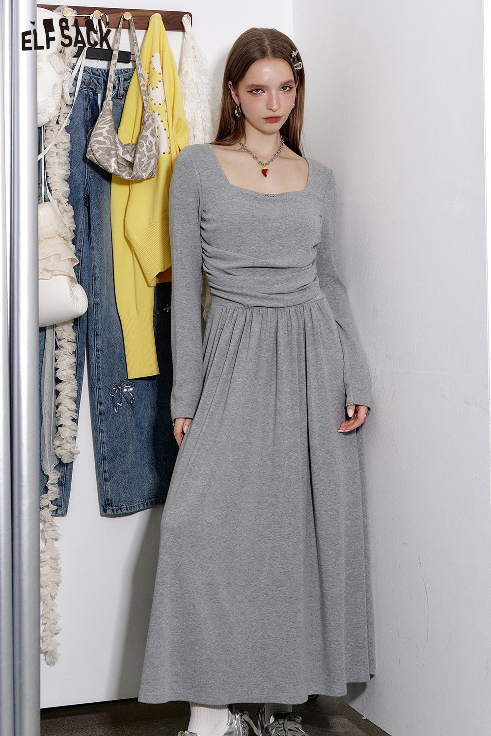 ELFSACK Elegant Grey Pleated Square Neck Long Sleeve Slim Fit Dress Women