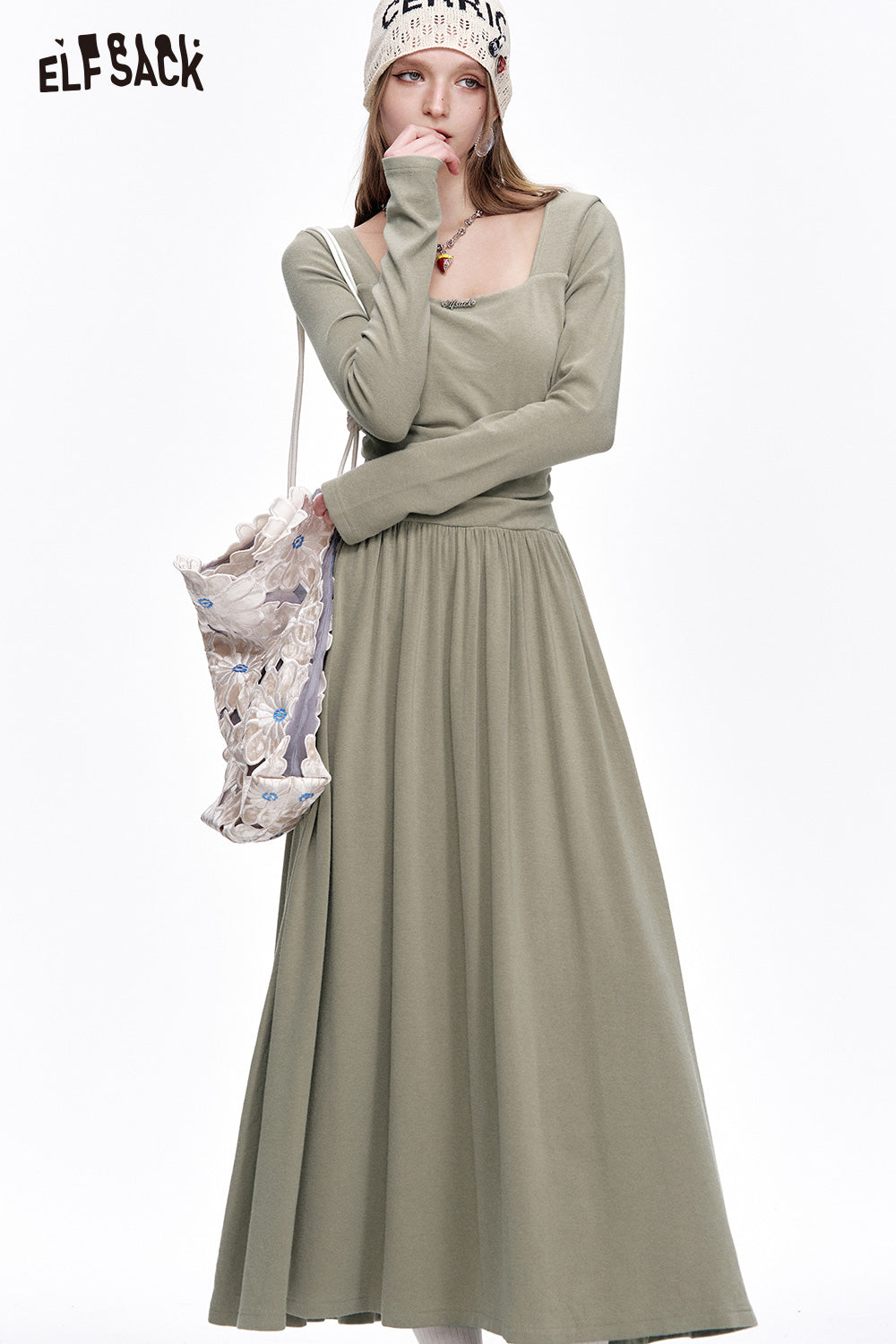 ELFSACK Elegant Grey Pleated Square Neck Long Sleeve Slim Fit Dress Women