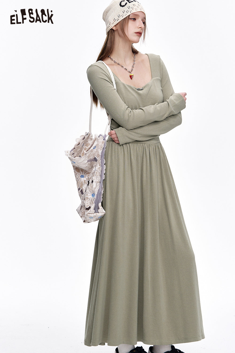 ELFSACK Elegant Grey Pleated Square Neck Long Sleeve Slim Fit Dress Women
