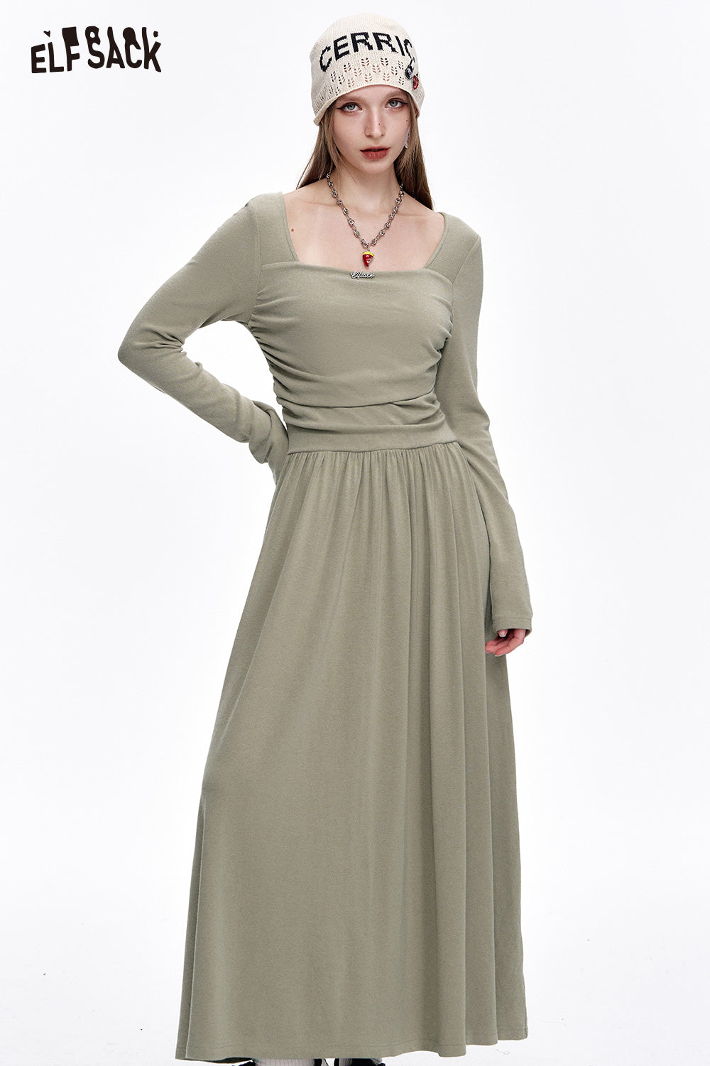 ELFSACK Elegant Grey Pleated Square Neck Long Sleeve Slim Fit Dress Women