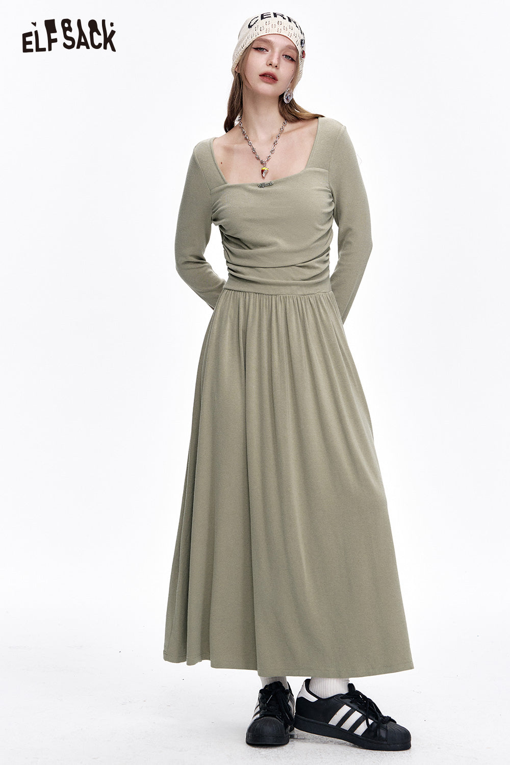 ELFSACK Elegant Grey Pleated Square Neck Long Sleeve Slim Fit Dress Women