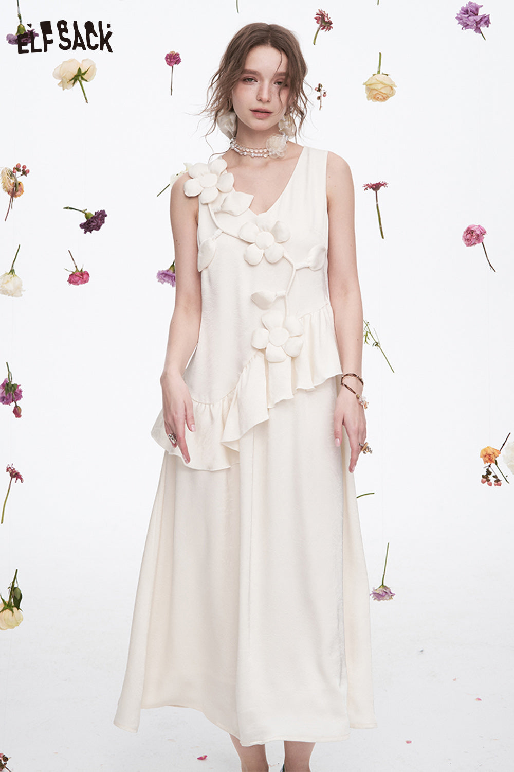 ELFSACK Vacation Elegant White Flower Sleeveless V-Neck Dress