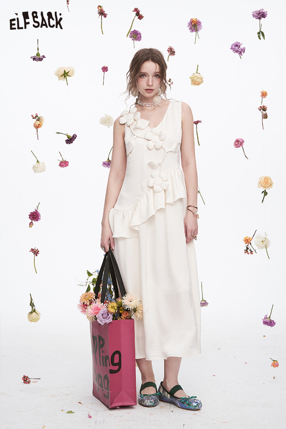 ELFSACK Vacation Elegant White Flower Sleeveless V-Neck Dress