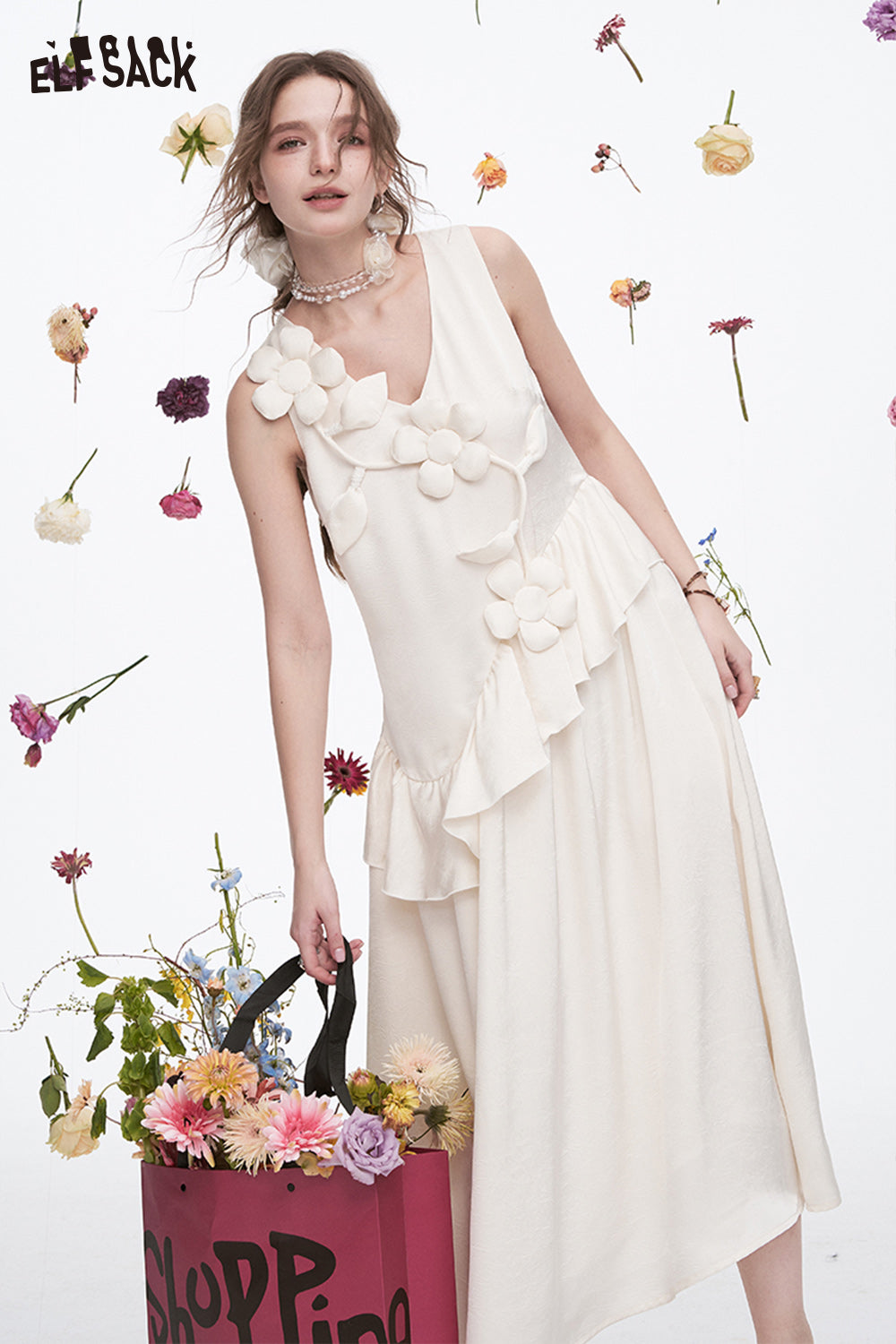 ELFSACK Vacation Elegant White Flower Sleeveless V-Neck Dress