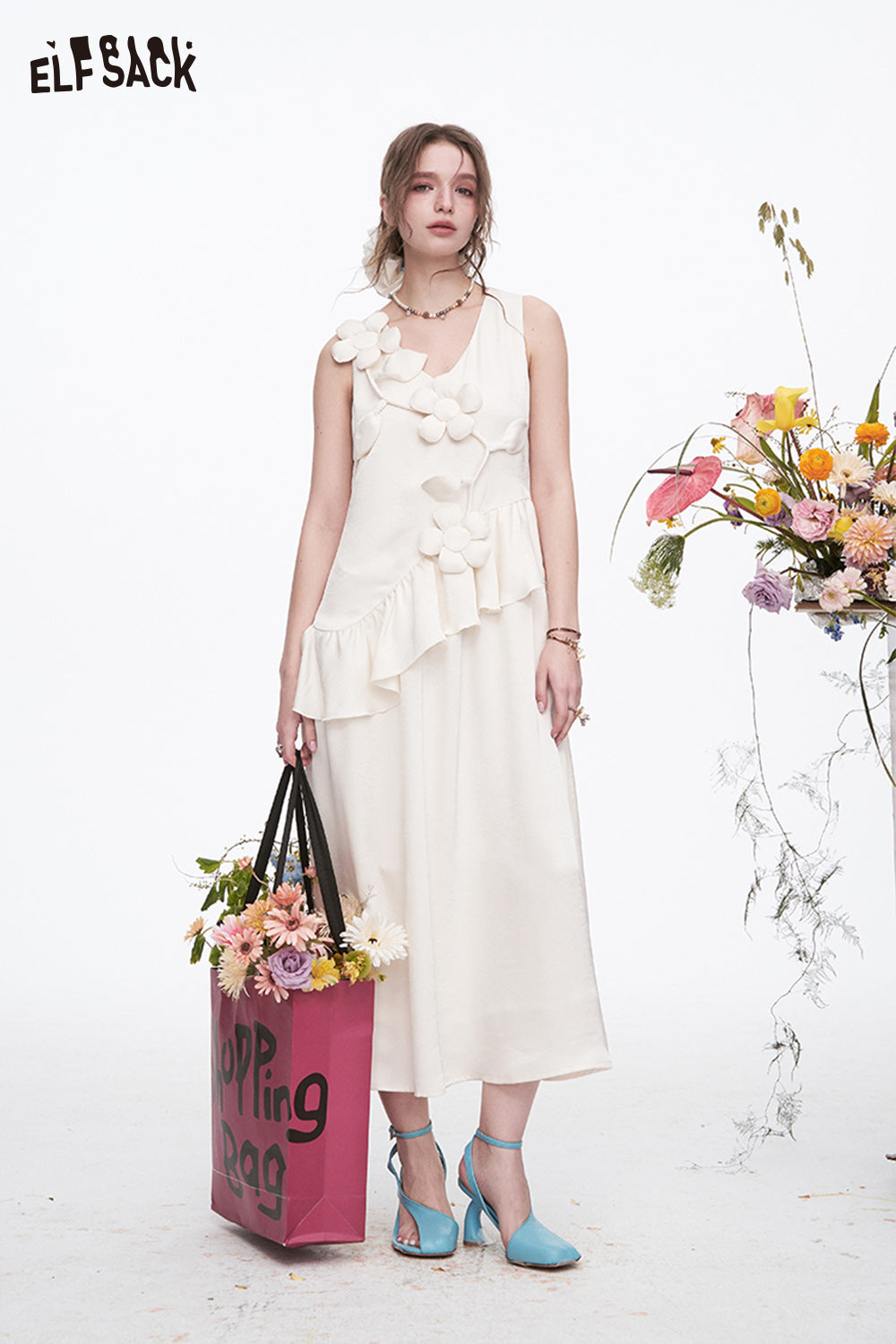 ELFSACK Vacation Elegant White Flower Sleeveless V-Neck Dress