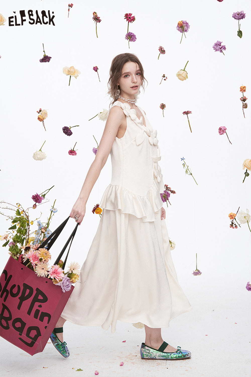 ELFSACK Vacation Elegant White Flower Sleeveless V-Neck Dress