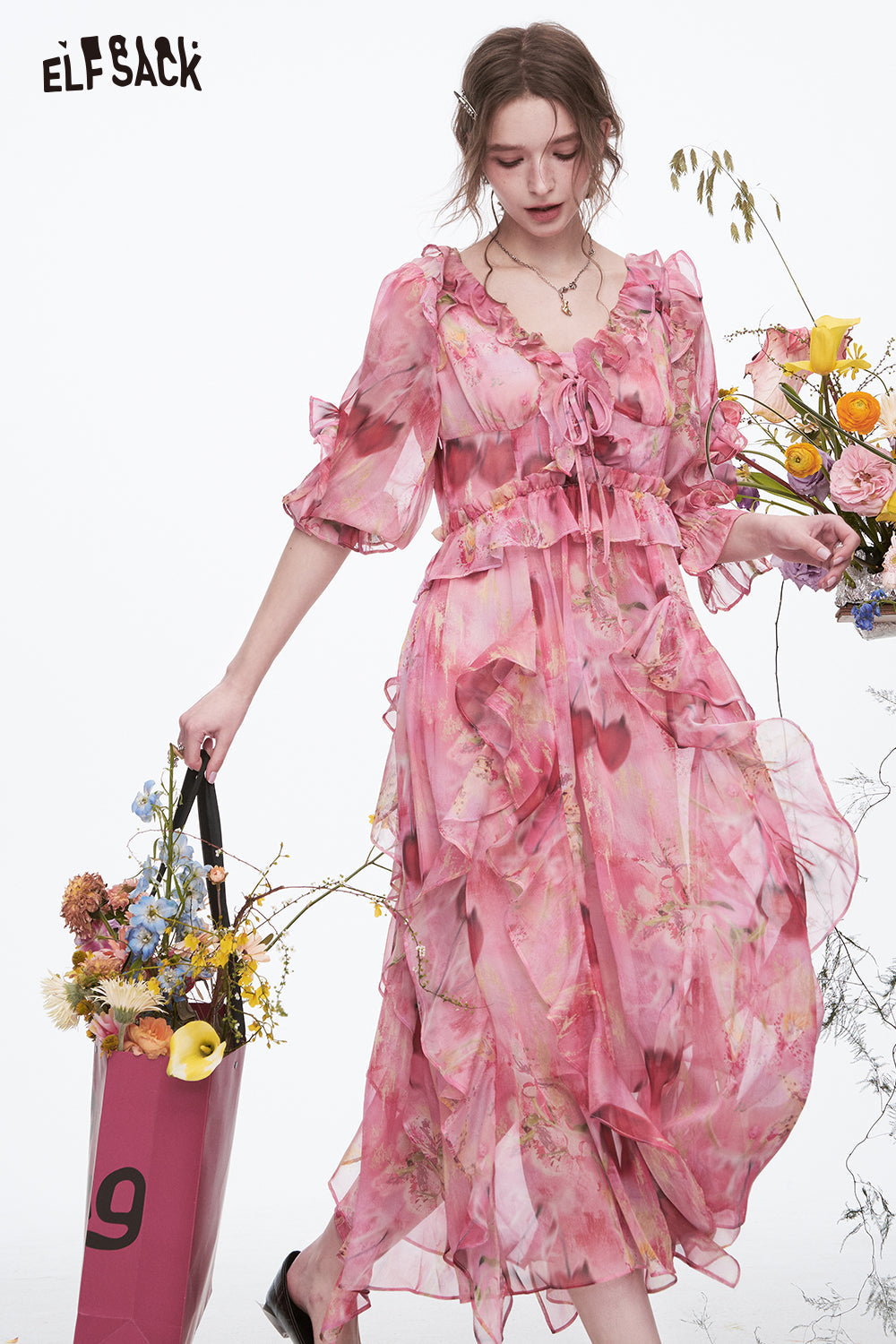 ELFSACK Y2K Vacation V-neck Ruffles Floral Dress Women's Elegant Long Chiffon Skirt