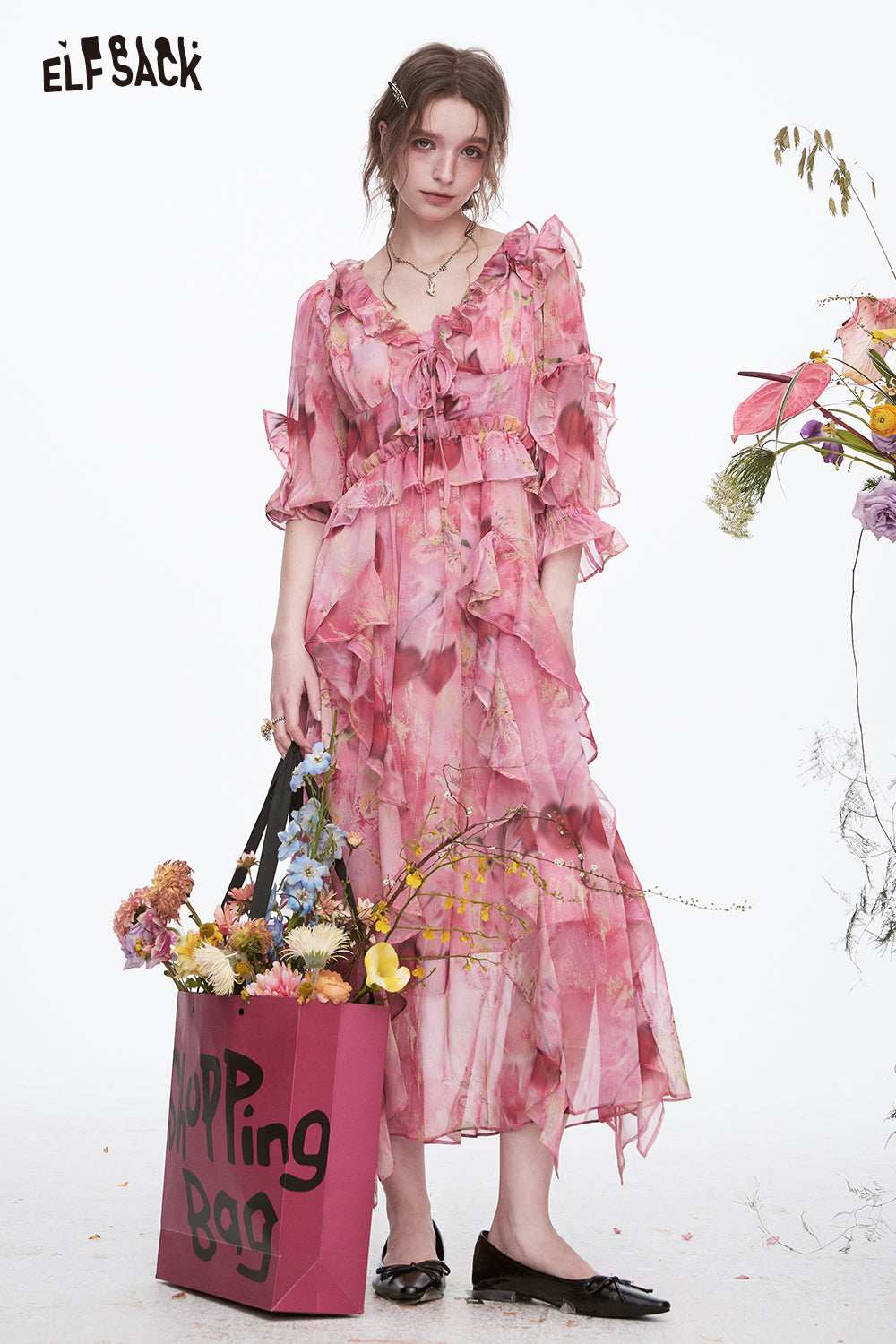 ELFSACK Y2K Vacation V-neck Ruffles Floral Dress Women's Elegant Long Chiffon Skirt