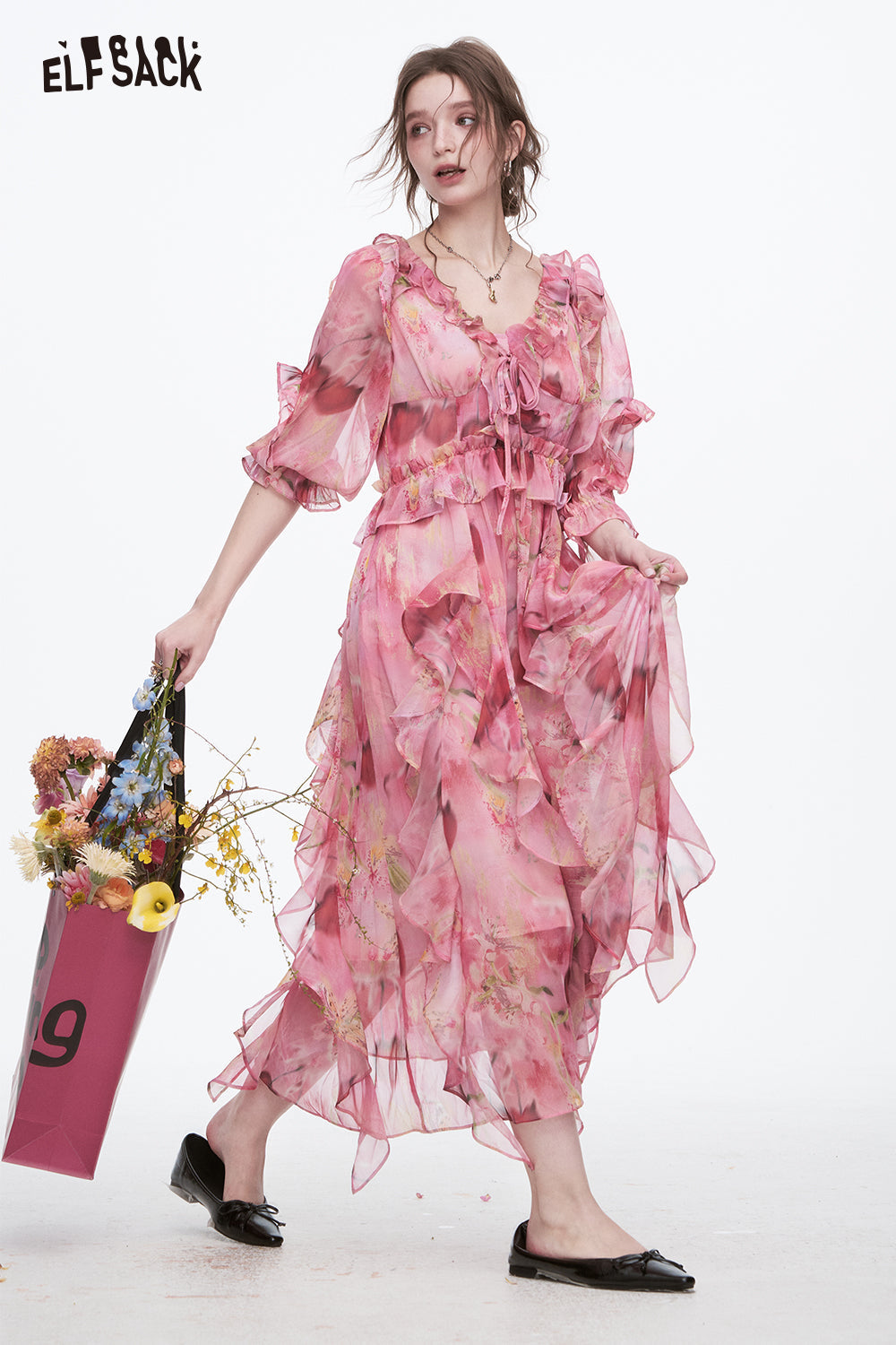 ELFSACK Y2K Vacation V-neck Ruffles Floral Dress Women's Elegant Long Chiffon Skirt