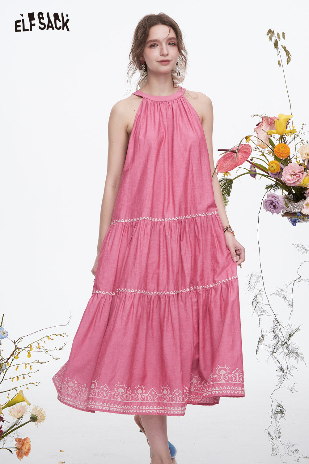 ELFSACK Sweet Pink Halter Neck Sleeveless Dress Women Y2K Embroidery Loose A-line Long Dress