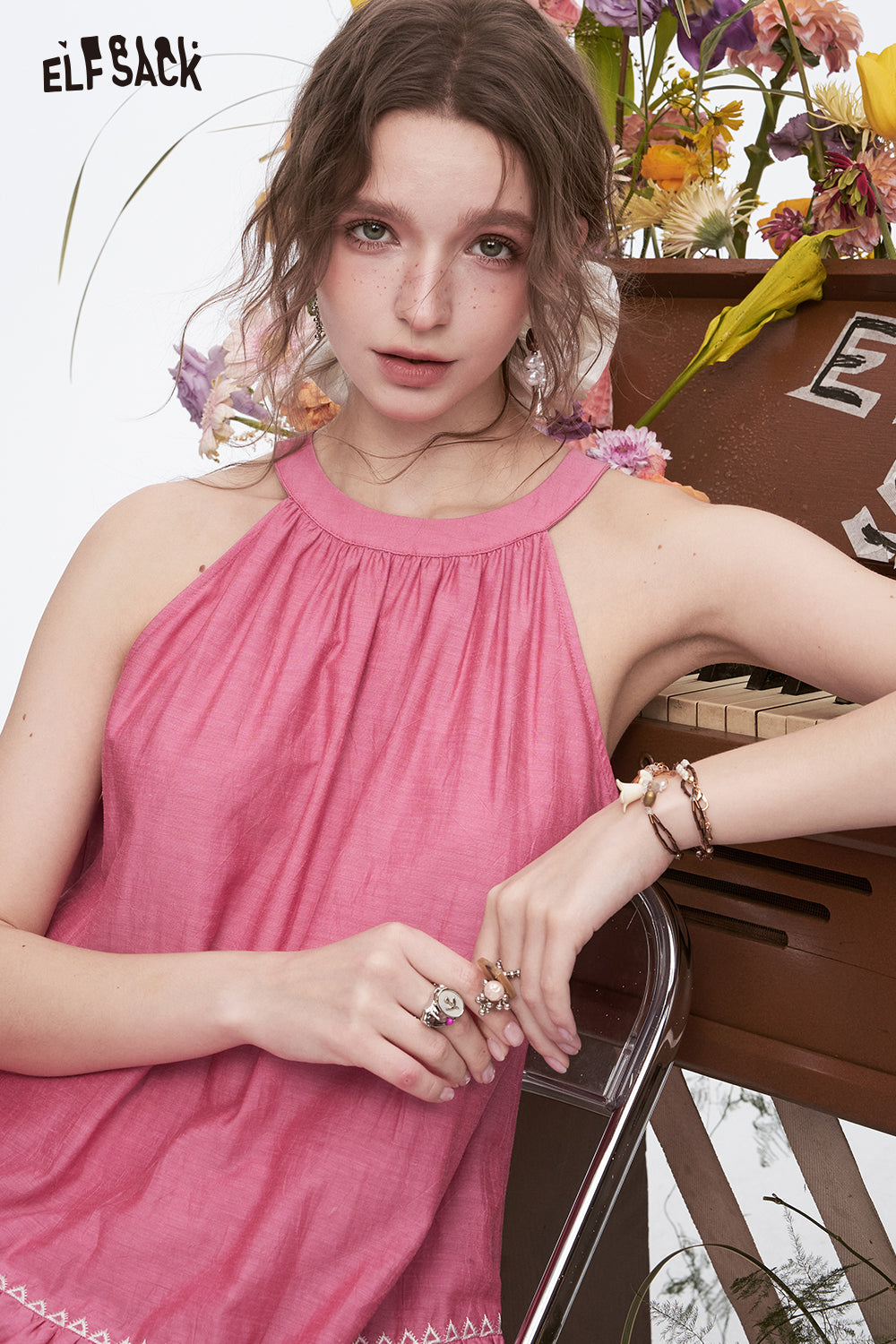 ELFSACK Sweet Pink Halter Neck Sleeveless Dress Women Y2K Embroidery Loose A-line Long Dress