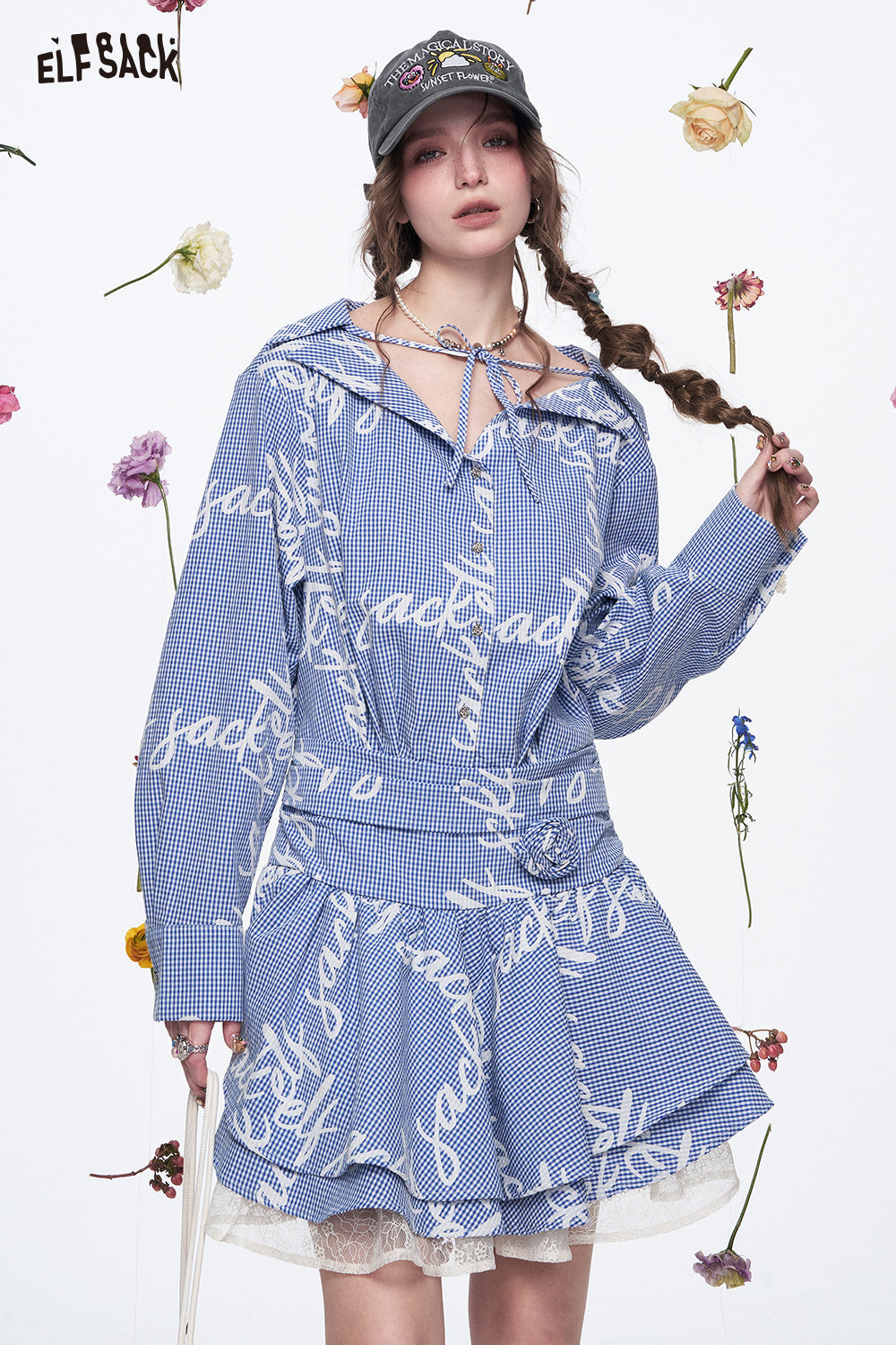 ELFSACK Preppy Style Letter Printed Plaid Long Sleeve Dress Women
