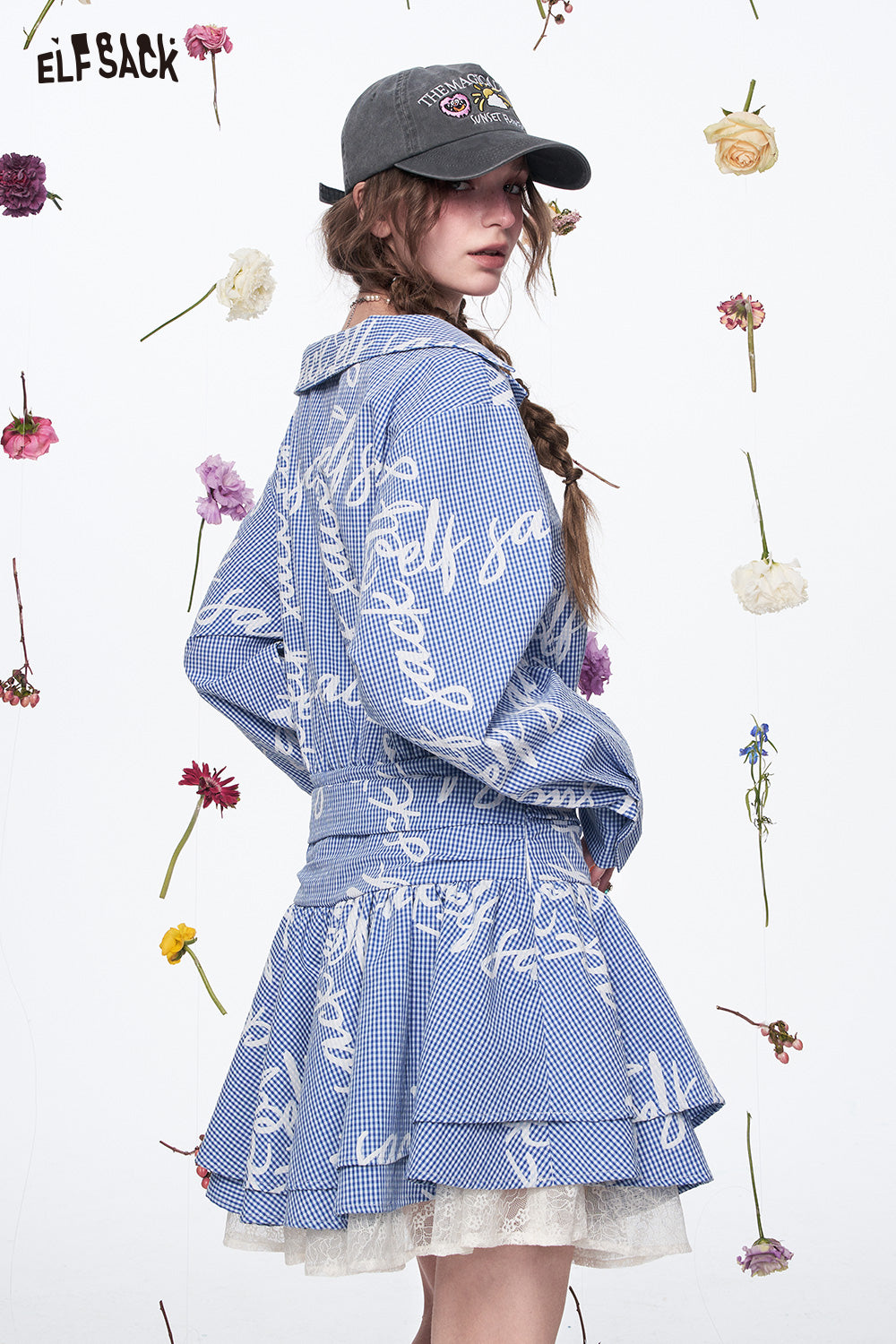 ELFSACK Preppy Style Letter Printed Plaid Long Sleeve Dress Women