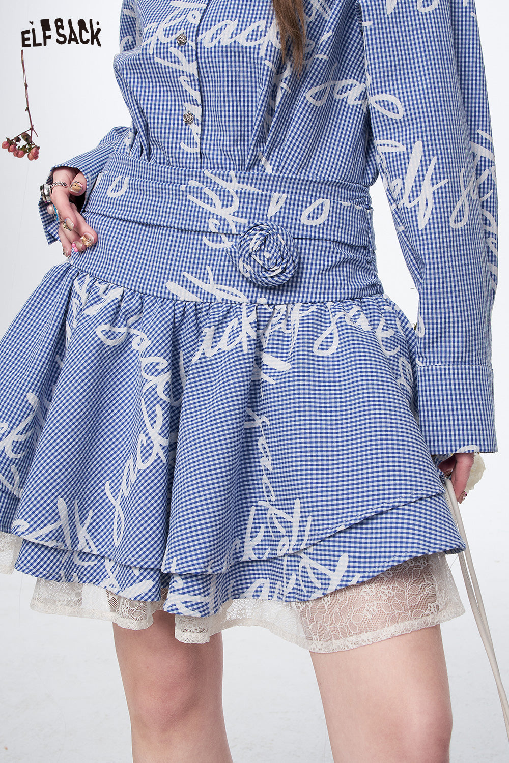ELFSACK Preppy Style Letter Printed Plaid Long Sleeve Dress Women